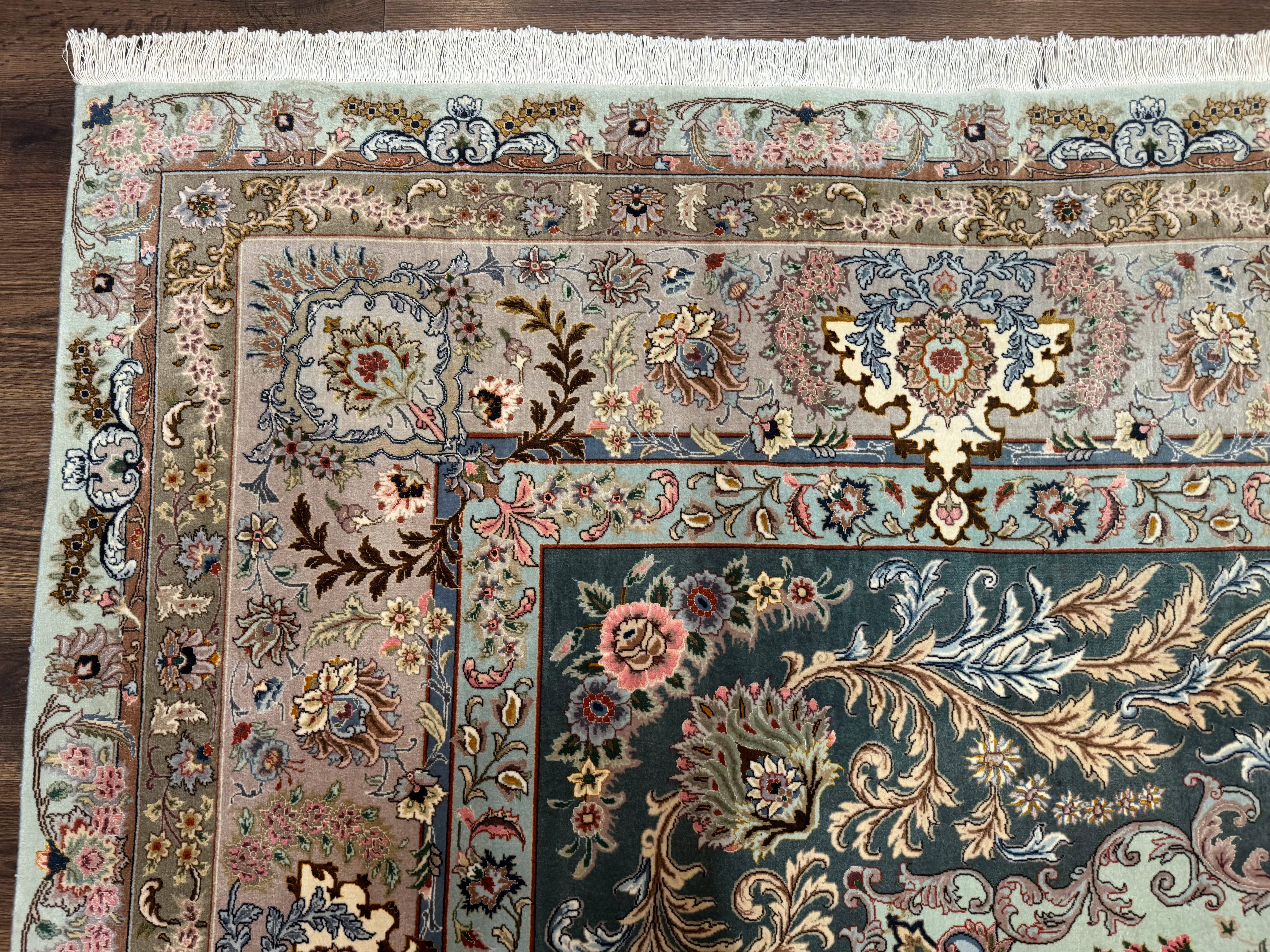 Marvelous Persian Tabriz Rug 10x13, Very Fine 380 KPSI, Mint Green Pink, Floral - Jewel Rugs