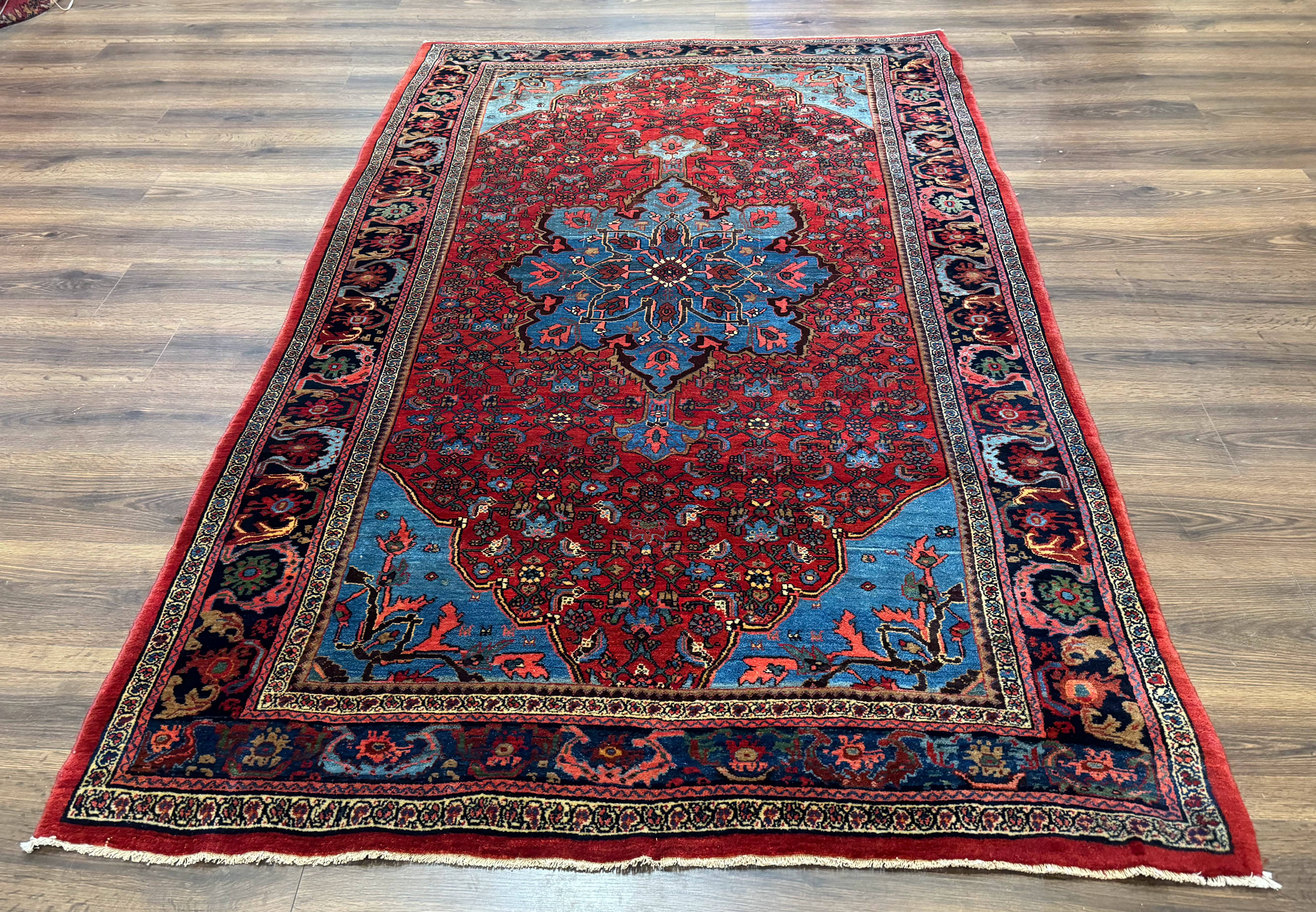 Antique Persian Bijar Rug 5x8, Red and Navy Blue, Medallion and Corner Design - Jewel Rugs