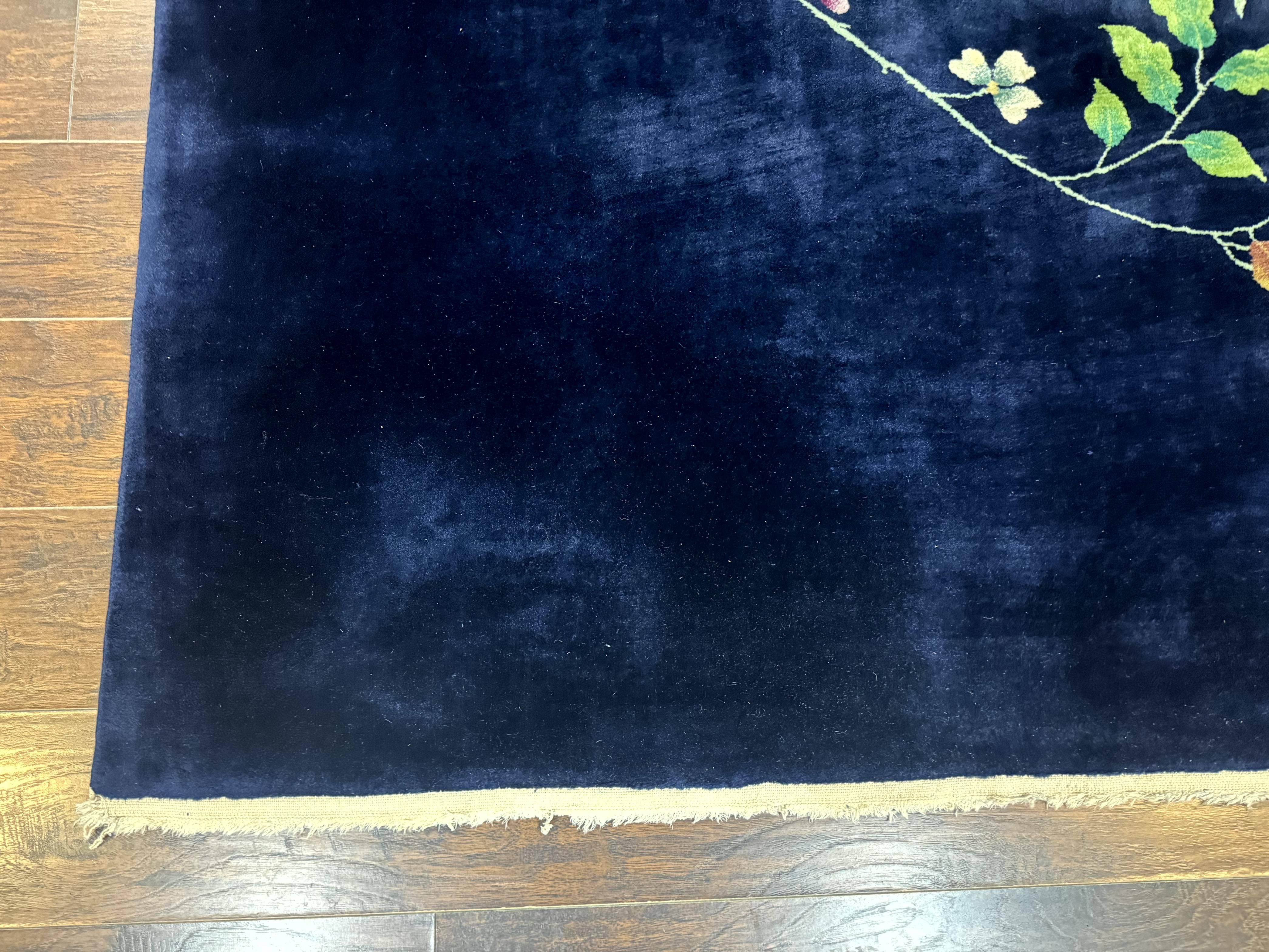 Chinese Art Deco Rug 10 x 11.5, Navy Blue Vintage Nichols Floral Wool Carpet - Jewel Rugs