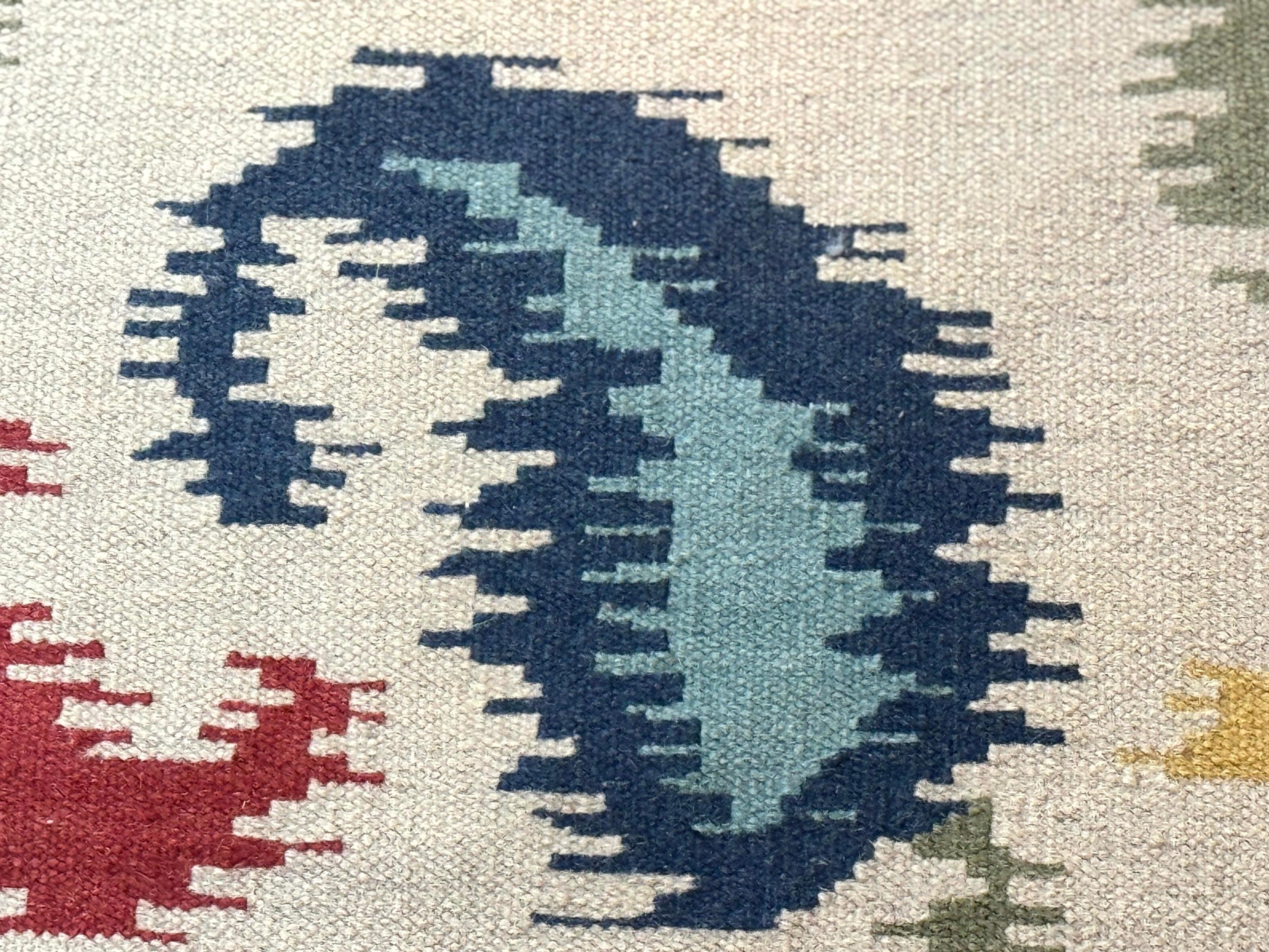 Indian Kilim Flatweave Rug 3x5, Abstract, Beige and Multicolor Flowers, Handmade - Jewel Rugs