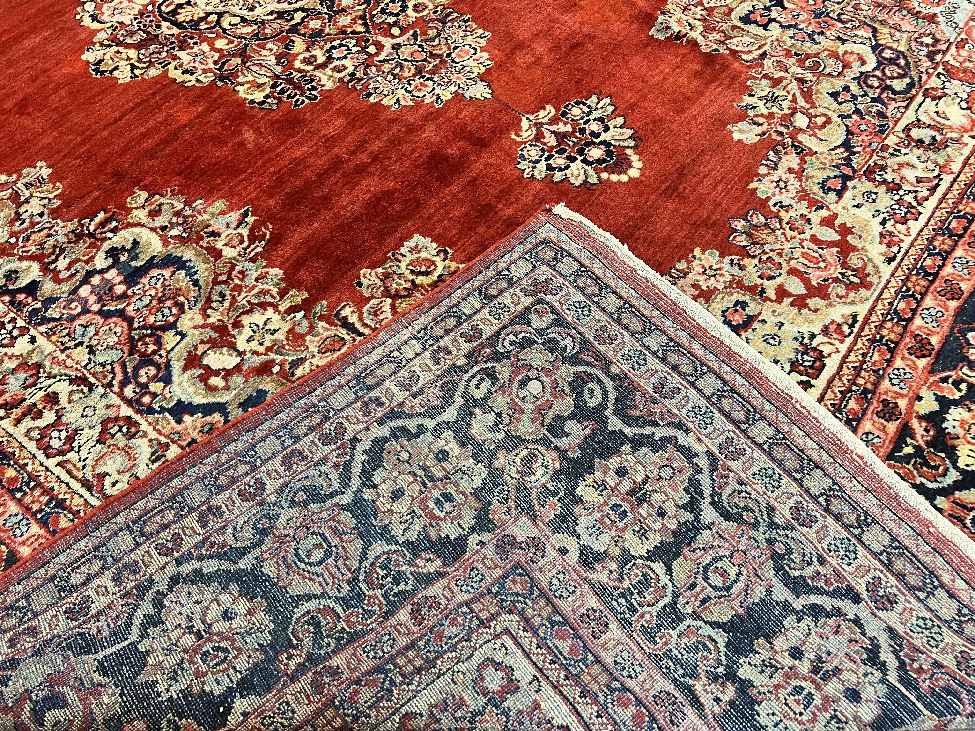 Persian Sarouk Rug 11x14, Semi Open Field, Large Antique Persian Wool Handmade Carpet, Red and Dark Blue, Floral - Jewel Rugs