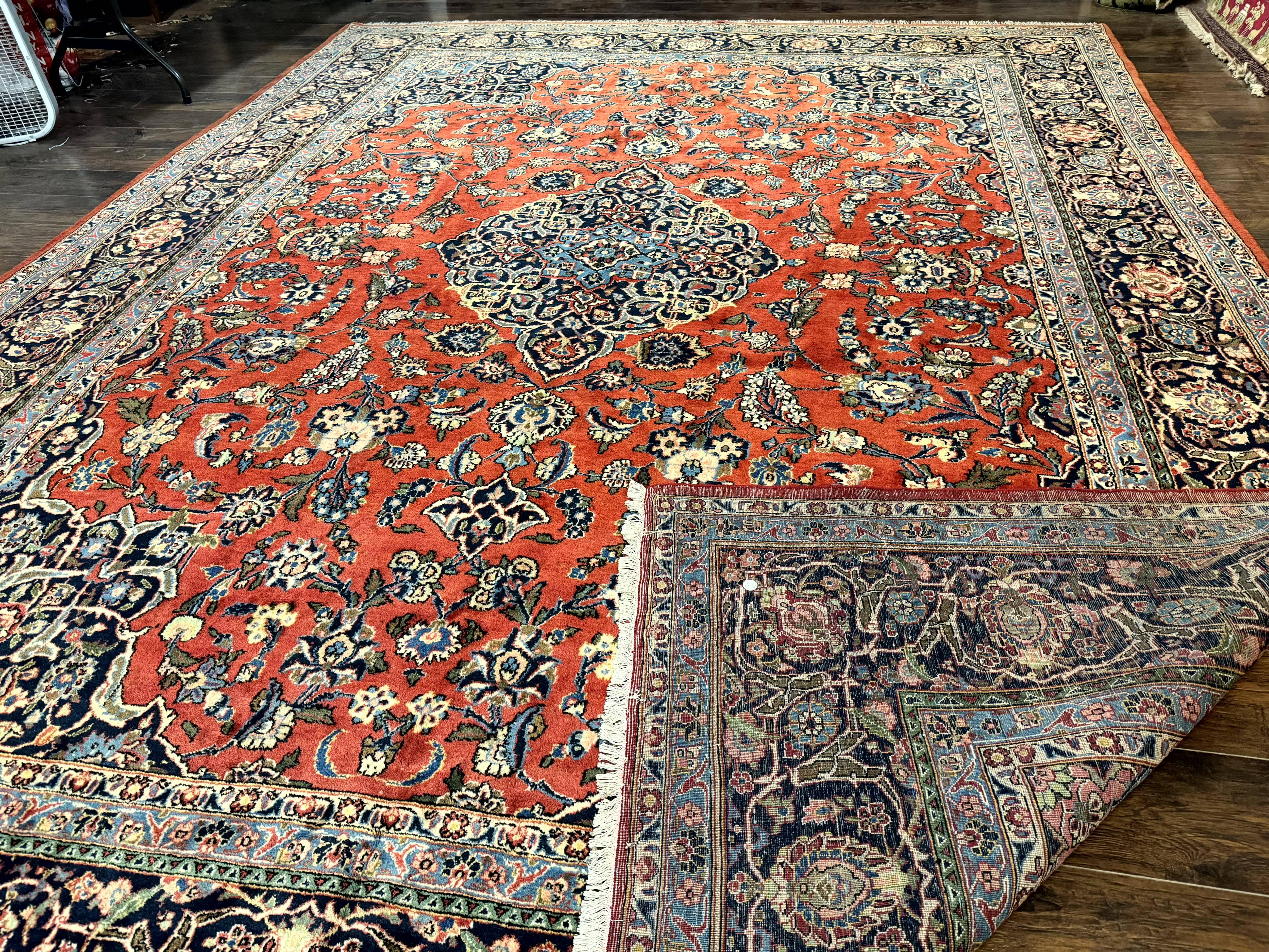 Red Persian Kashan Rug 10x14, Hand-Knotted Semi Antique Floral Medallion Handmade Wool Carpet, Red & Navy Blue - Jewel Rugs