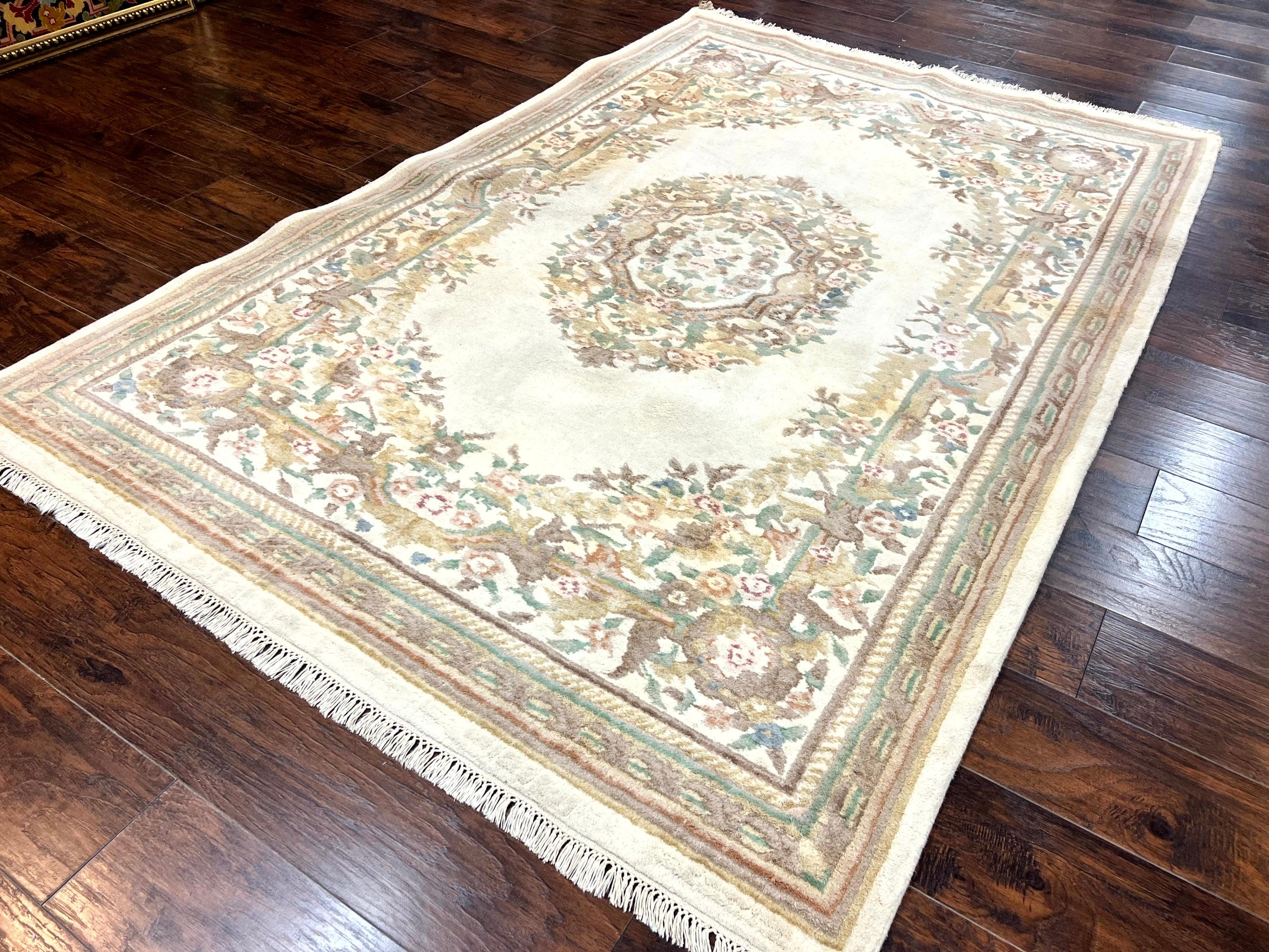 Indo Chinese Aubusson Rug 6x9, Wool Vintage Handmade Rug, Beige - Jewel Rugs