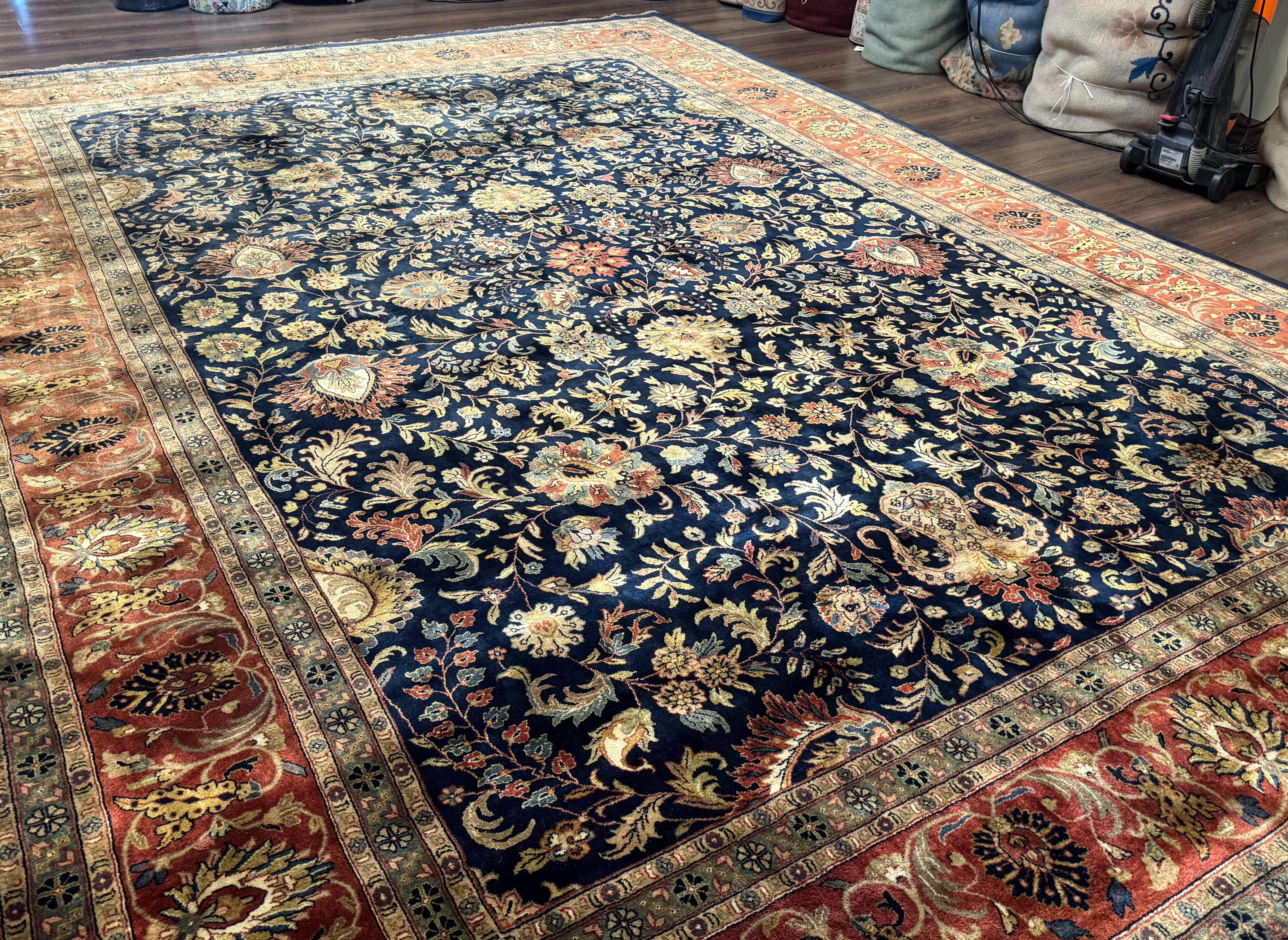 Large Indo Persian Rug 10x14, Navy Blue and Terracotta, Allover Floral Pattern - Jewel Rugs