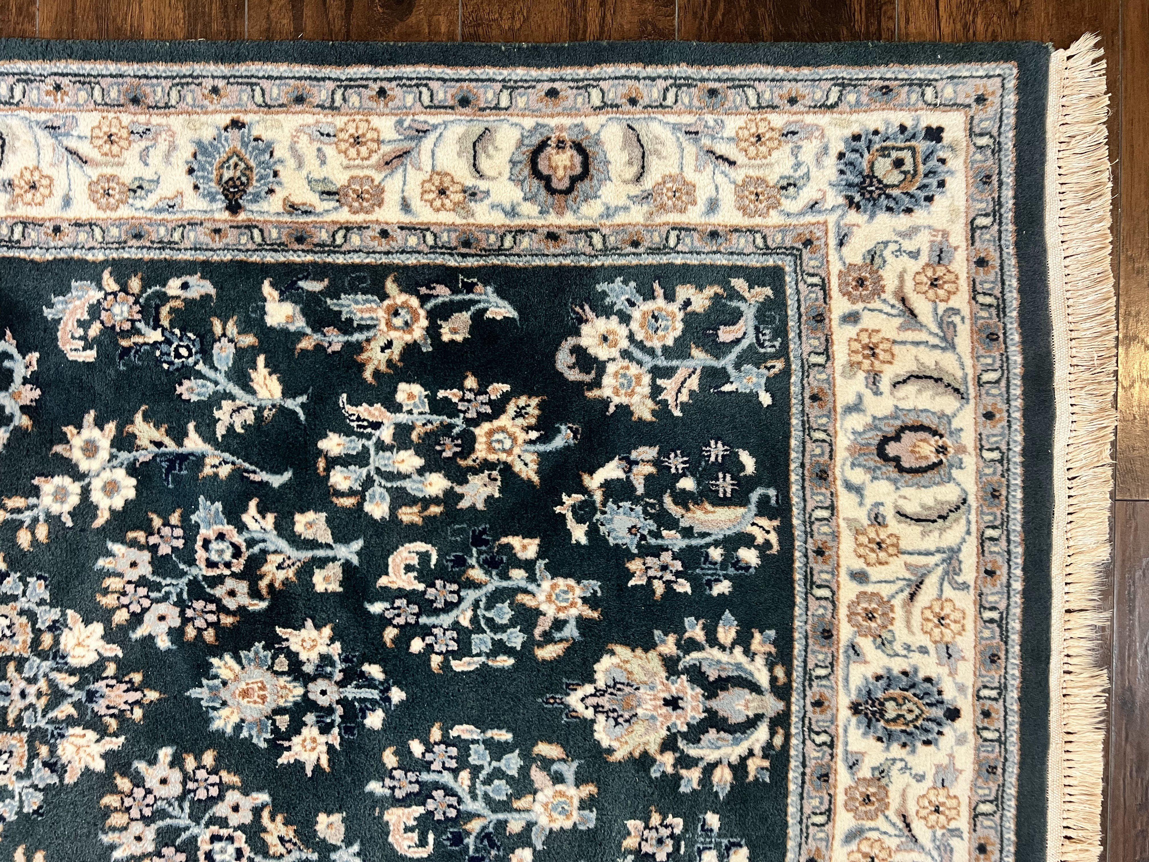 Green Indo Persian Rug 4x6, Floral Allover, Handmade Vintage Oriental Carpet, Sarouk Rug, Wool - Jewel Rugs