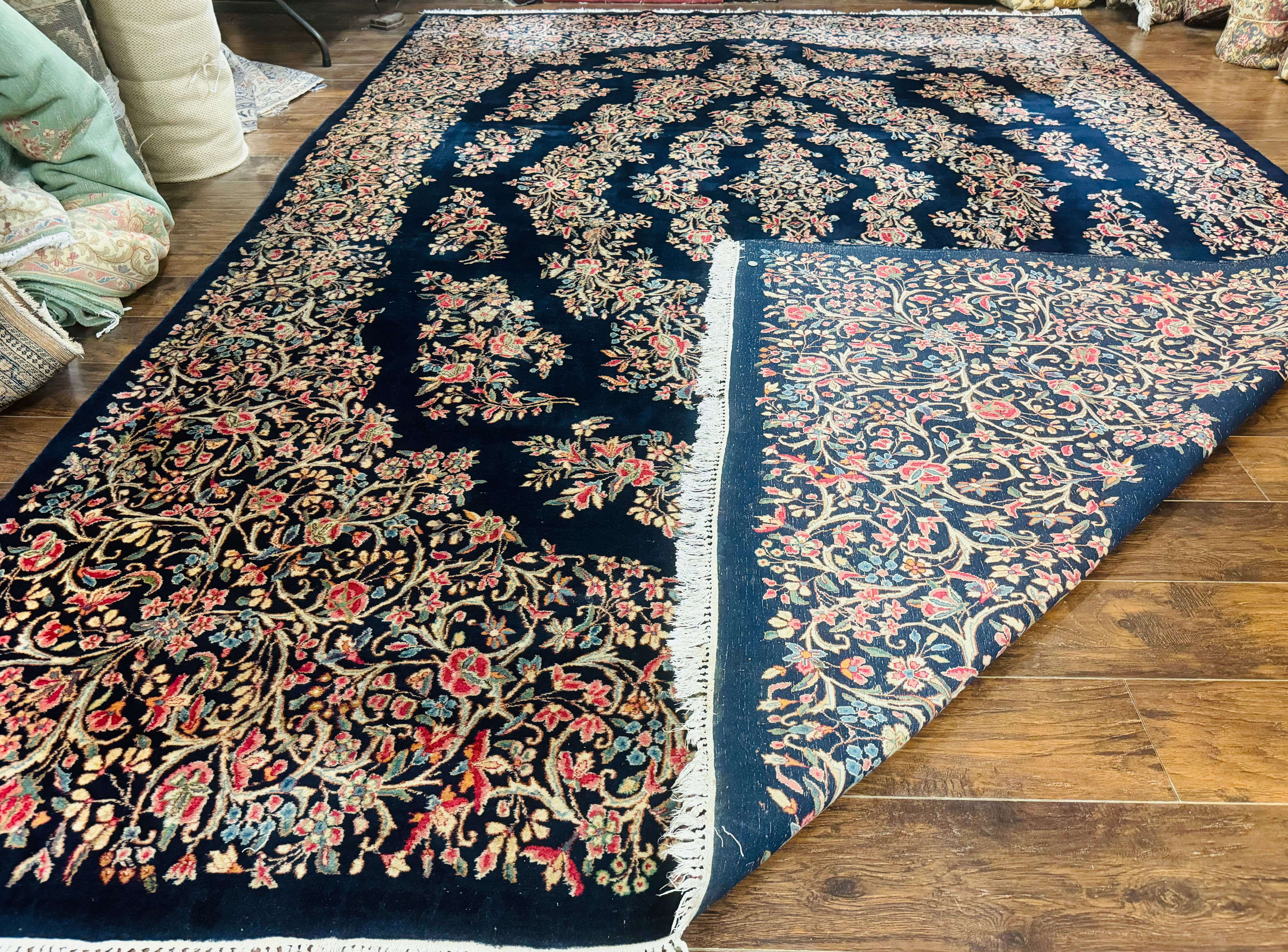 Antique Persian Kerman Rug 10x13, Navy Blue Floral Carpet, Fine 270 KPSI - Jewel Rugs