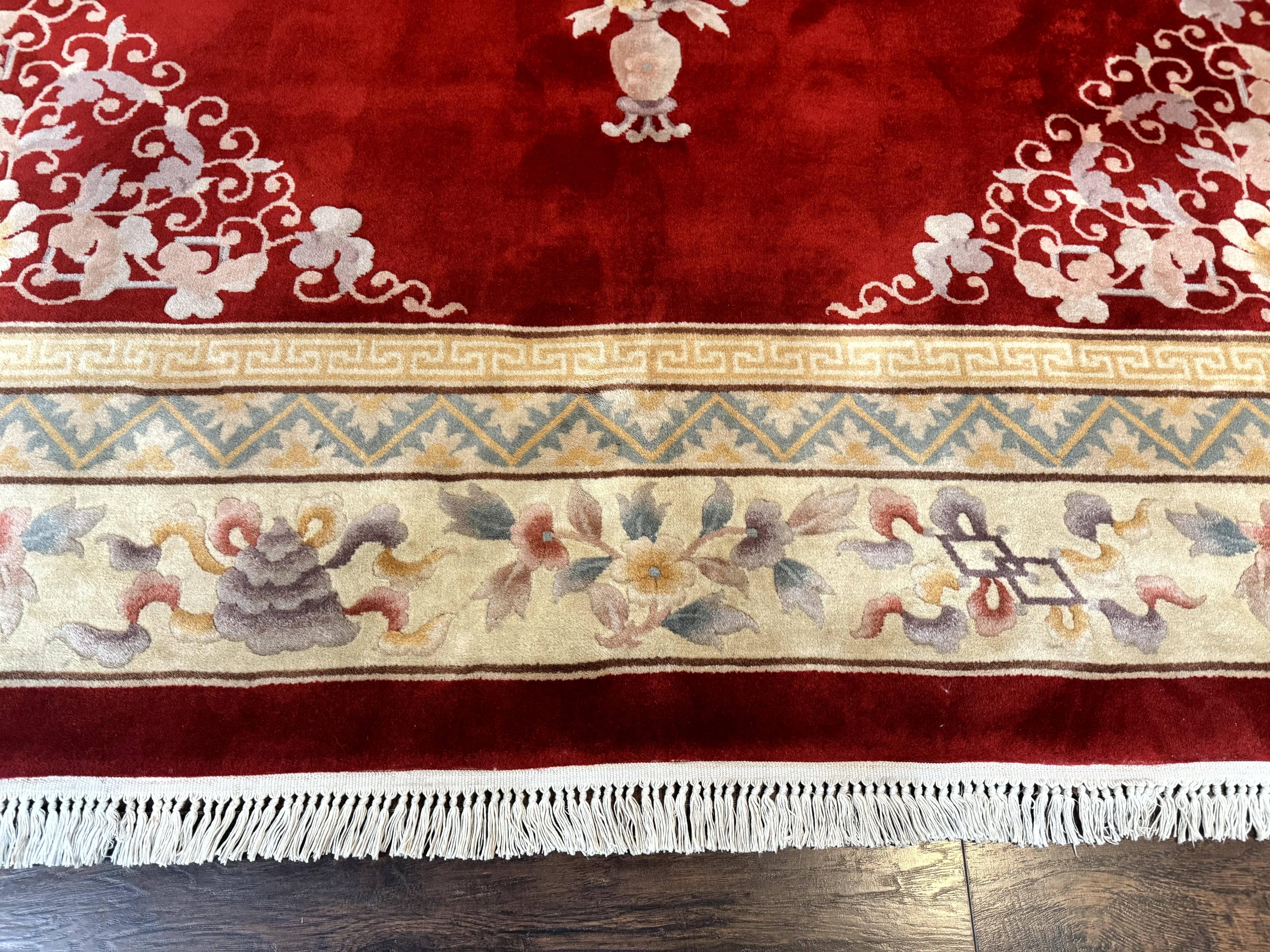 Chinese Wool Rug 8.6 x 11, Red and Beige Asian Oriental Carpet, Plush Pile, Vintage Handmade Chinese Carving Sculpted Rug, Semi Open Field - Jewel Rugs