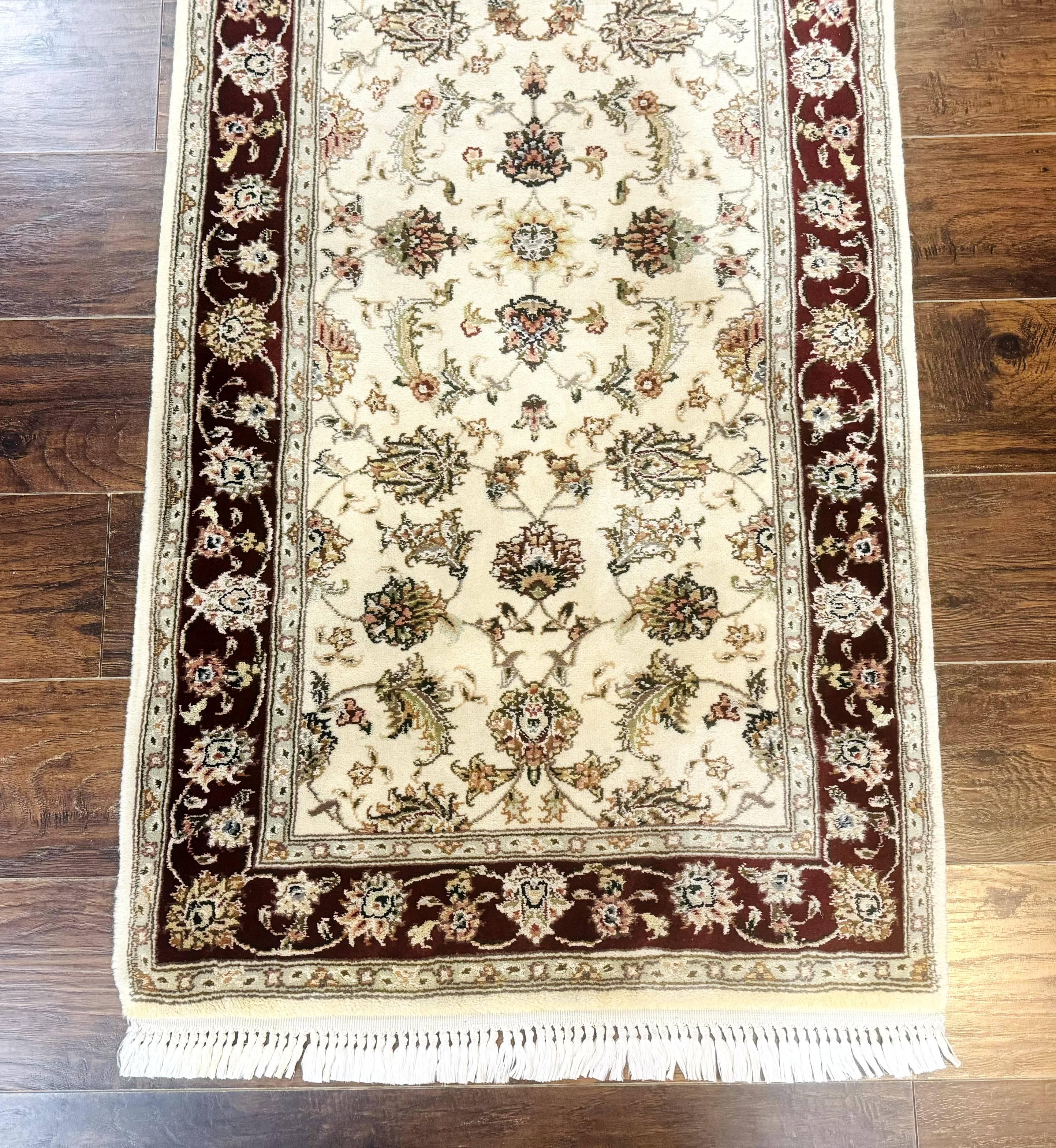 Pak Persian Runner Rug 2.8 x 8, Handmade Vintage Carpet, Beige and Maroon, Wool and Silk Highlights - Jewel Rugs