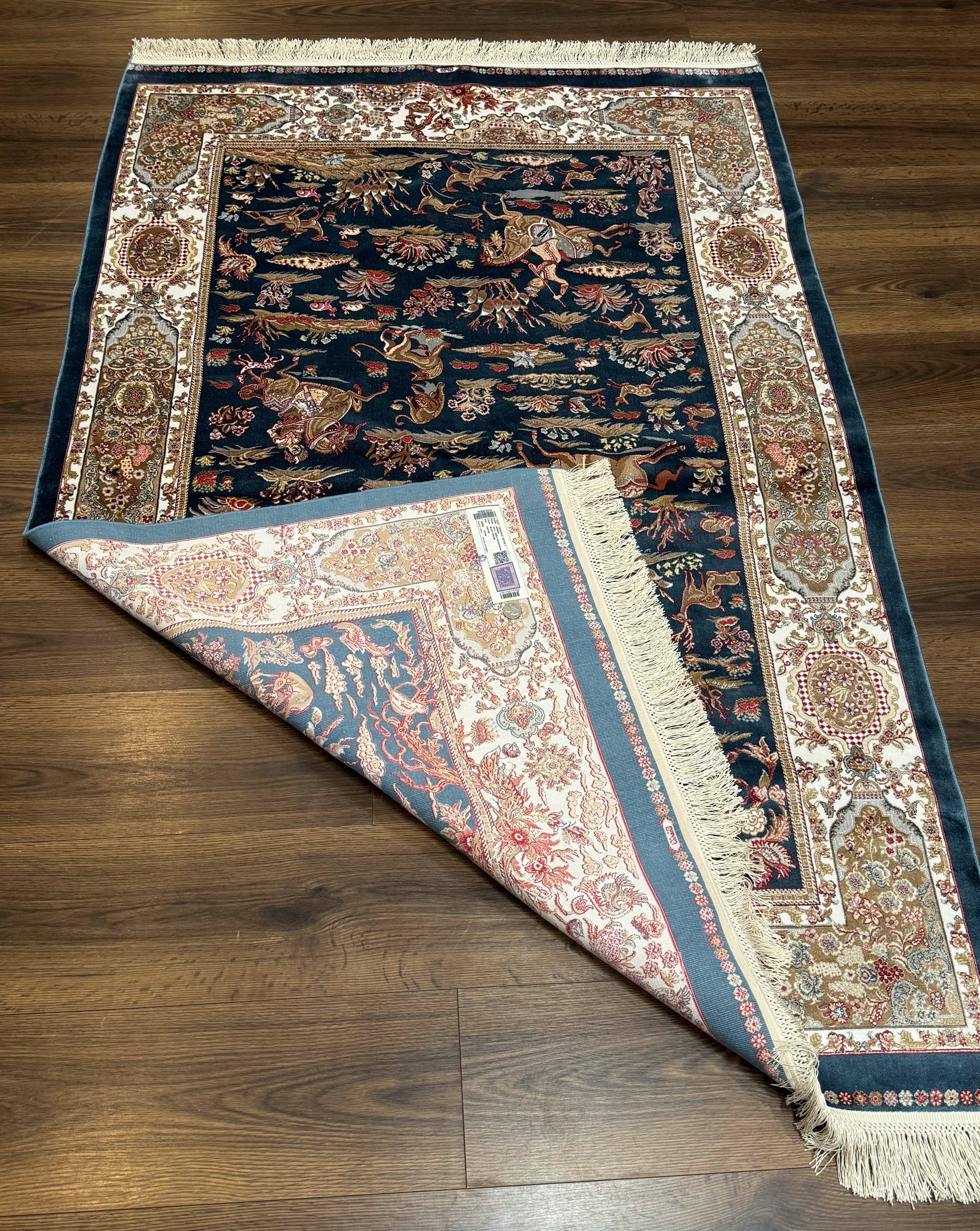 Turkish Silk Hunting Design Rug 4x6, Dark Steel Blue & Ivory, Bamboo Silk, New - Jewel Rugs