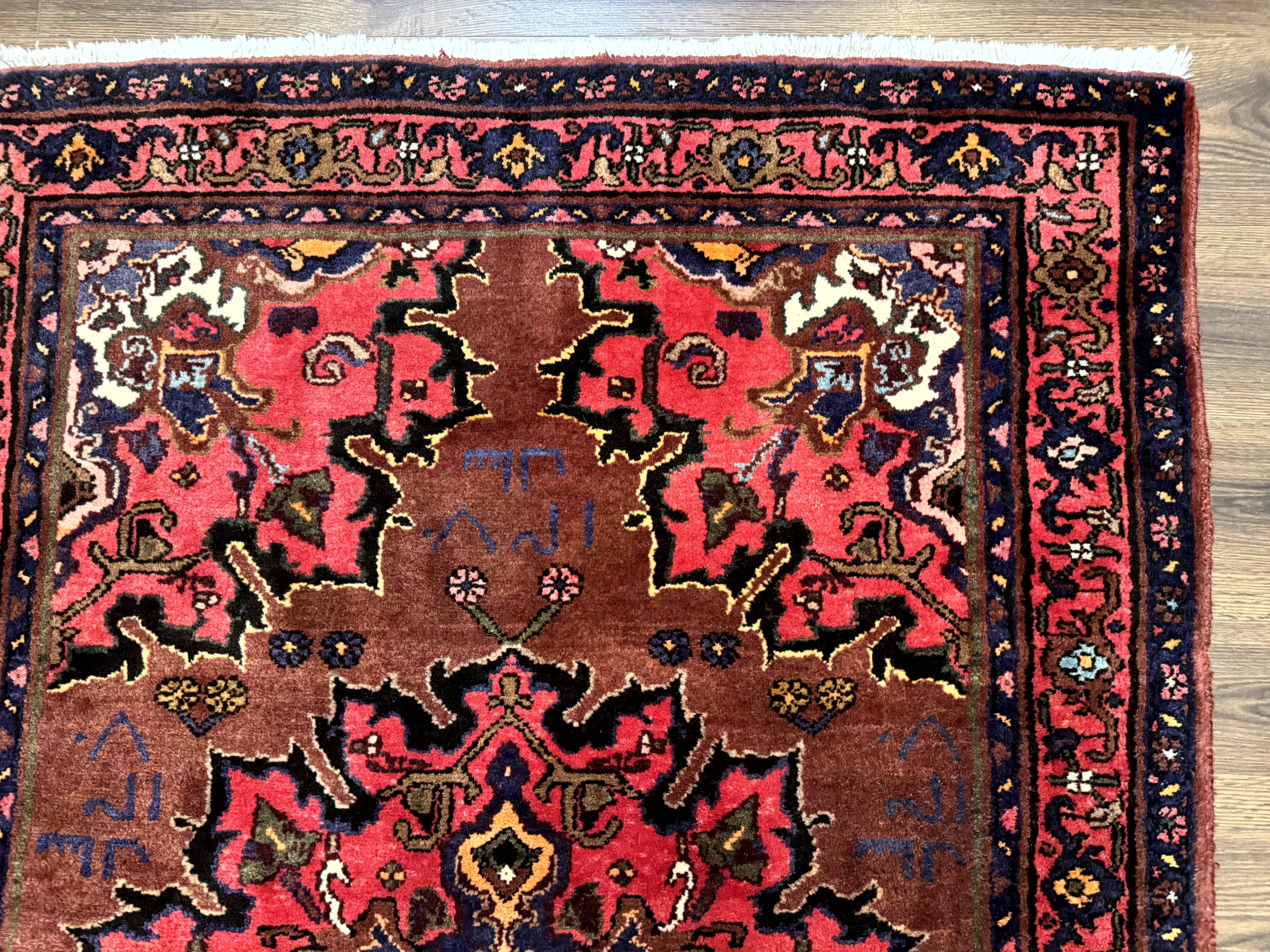 Persian Hamadan Rug 4x7, Red Pink Navy Blue, Vintage, Large Medallion, Village Tribal Carpet - Jewel Rugs