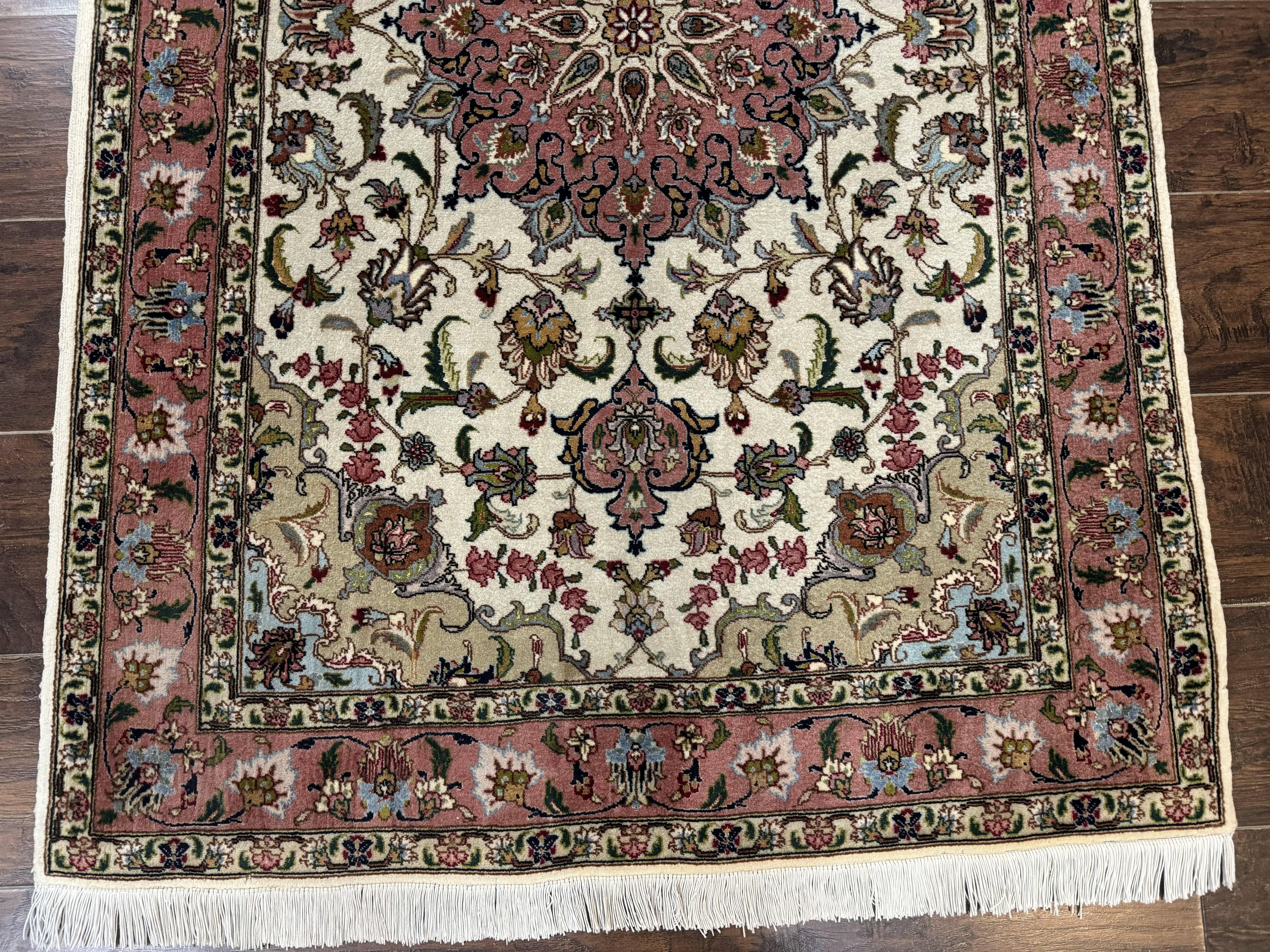 Fine Persian Tabriz Rug 3x5, Floral Medallion, 340 KPSI, Ivory Salmon - Jewel Rugs