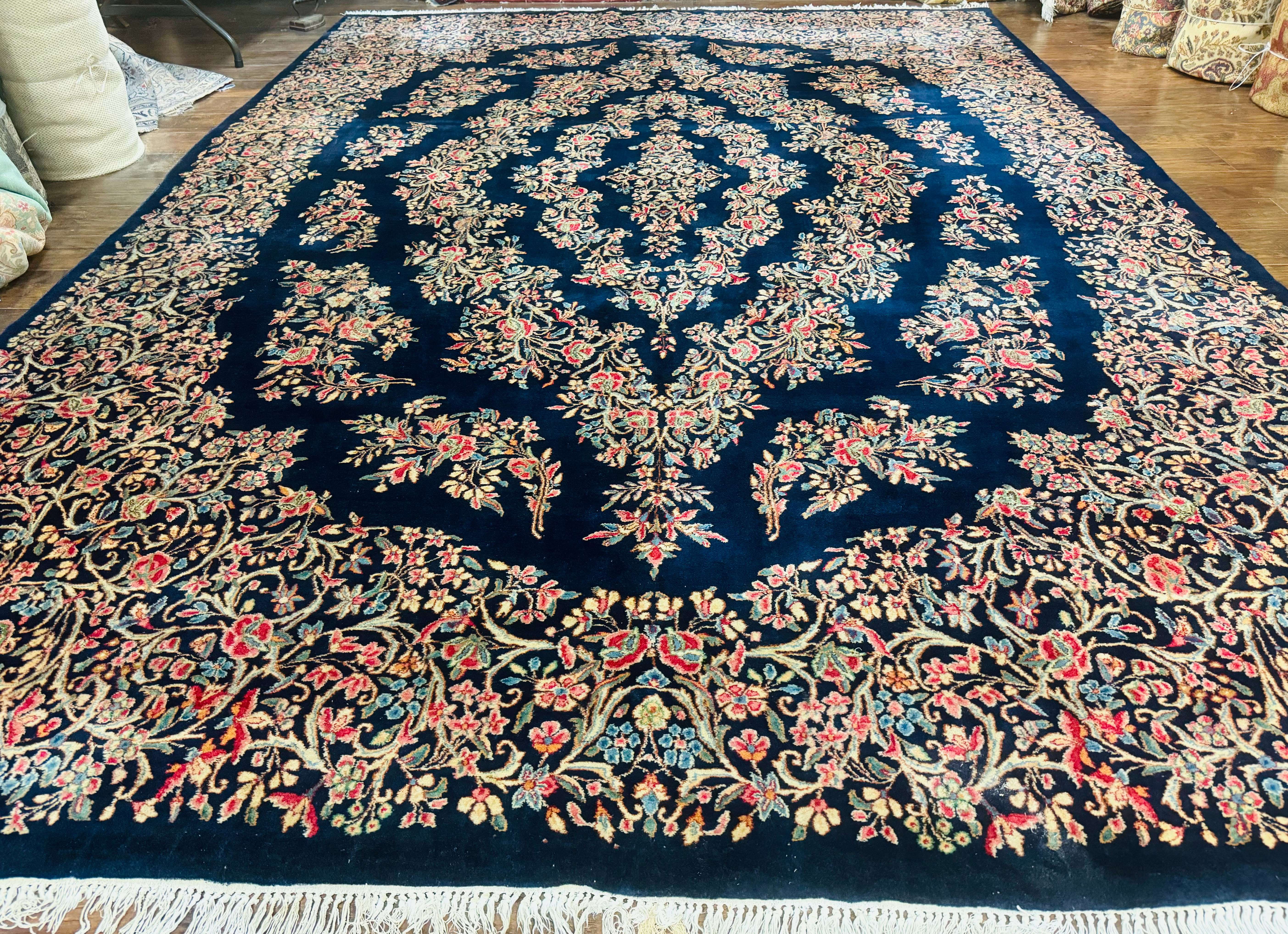 Antique Persian Kerman Rug 10x13, Navy Blue Floral Carpet, Fine 270 KPSI - Jewel Rugs