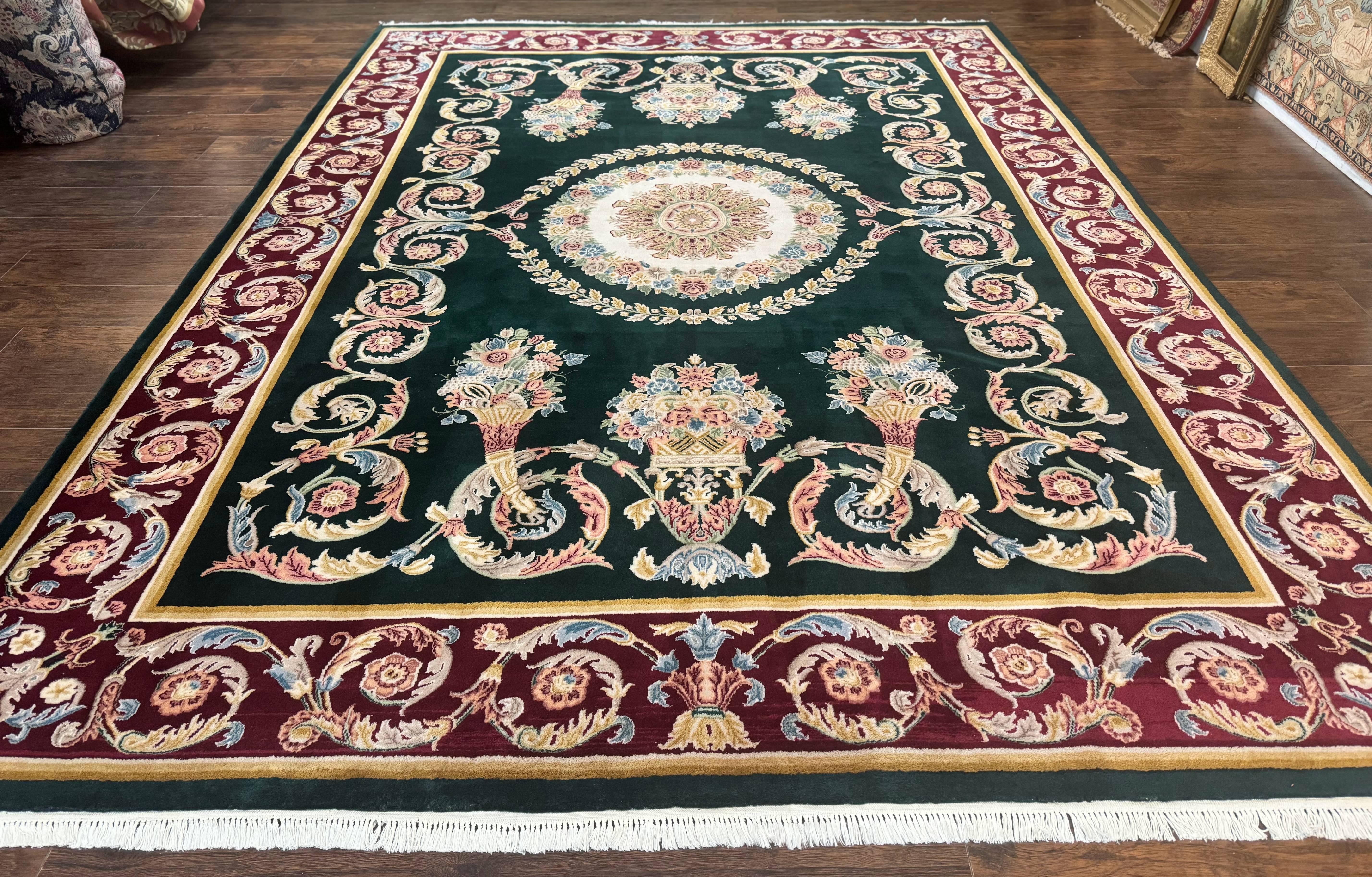 Aubusson Rug 9x12, Dark Green, European Design, Vintage Fine Handmade Carpet, Elegant - Jewel Rugs