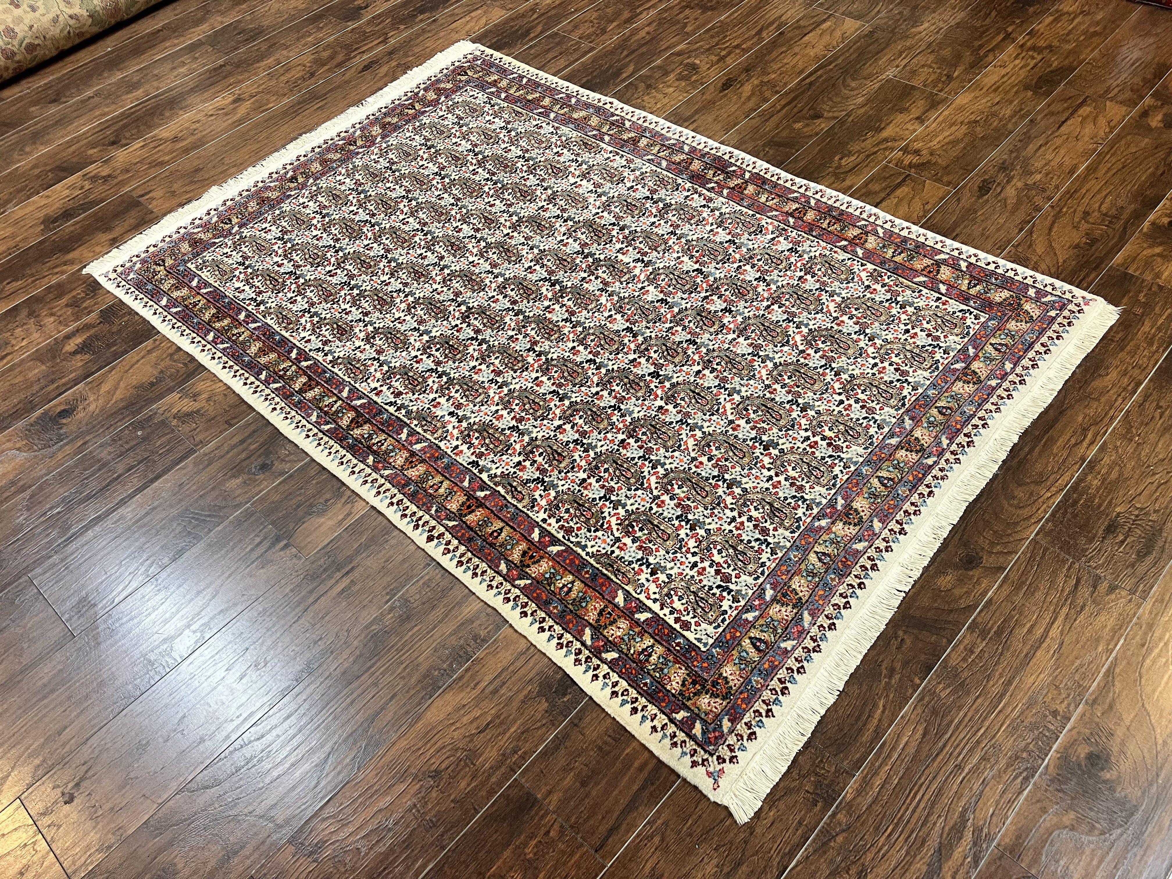 Persian Rug 4x6, Mashad Kashmar Rug, Boteh Paisley Design, Allover Repeated Pattern, Ivory Hand Knotted Vintage Semi Antique Persian Oriental Carpet - Jewel Rugs