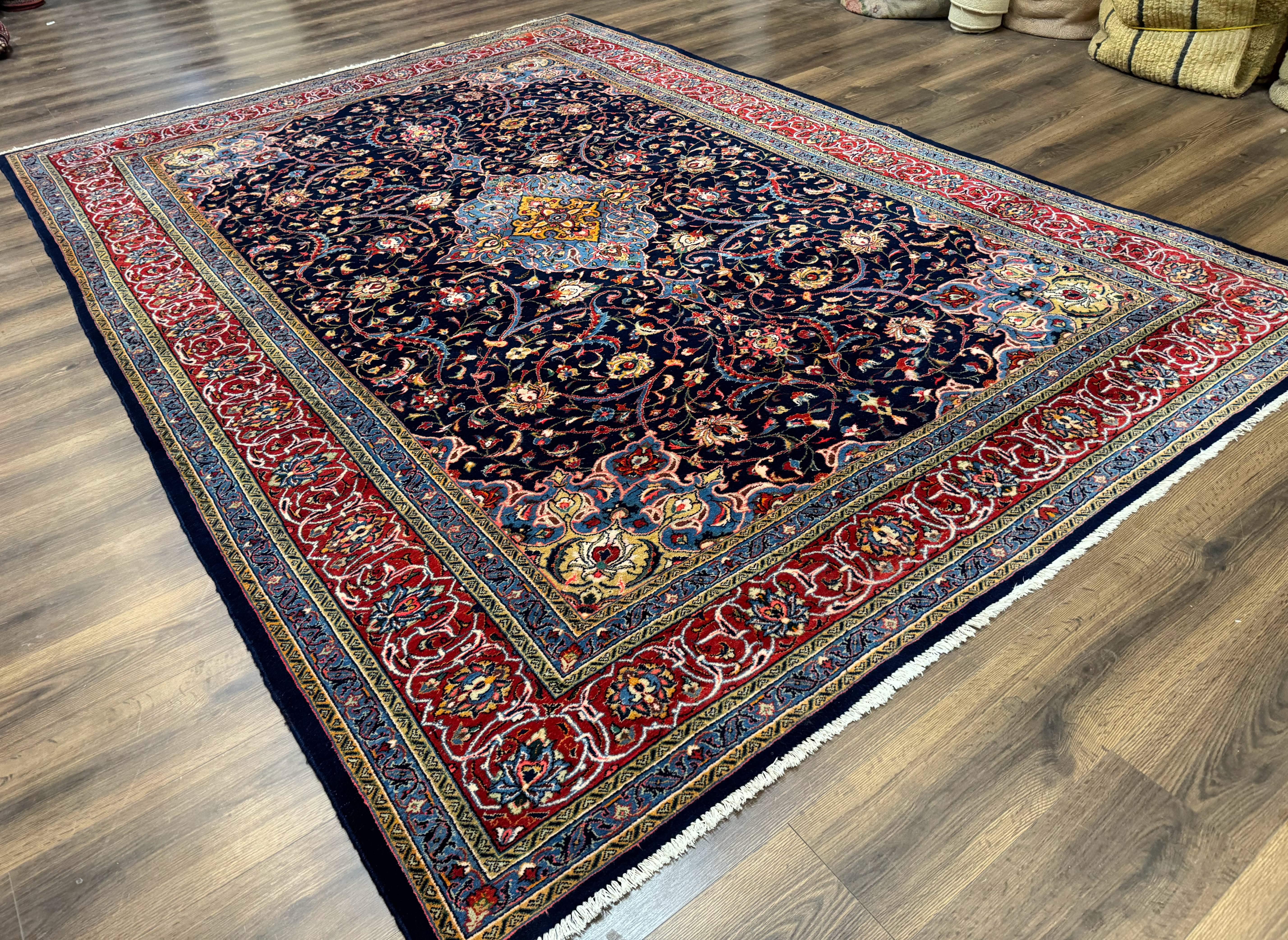 Navy Blue Persian Sarouk Rug 8x11 - Unique Floral Medallion - Jewel Rugs