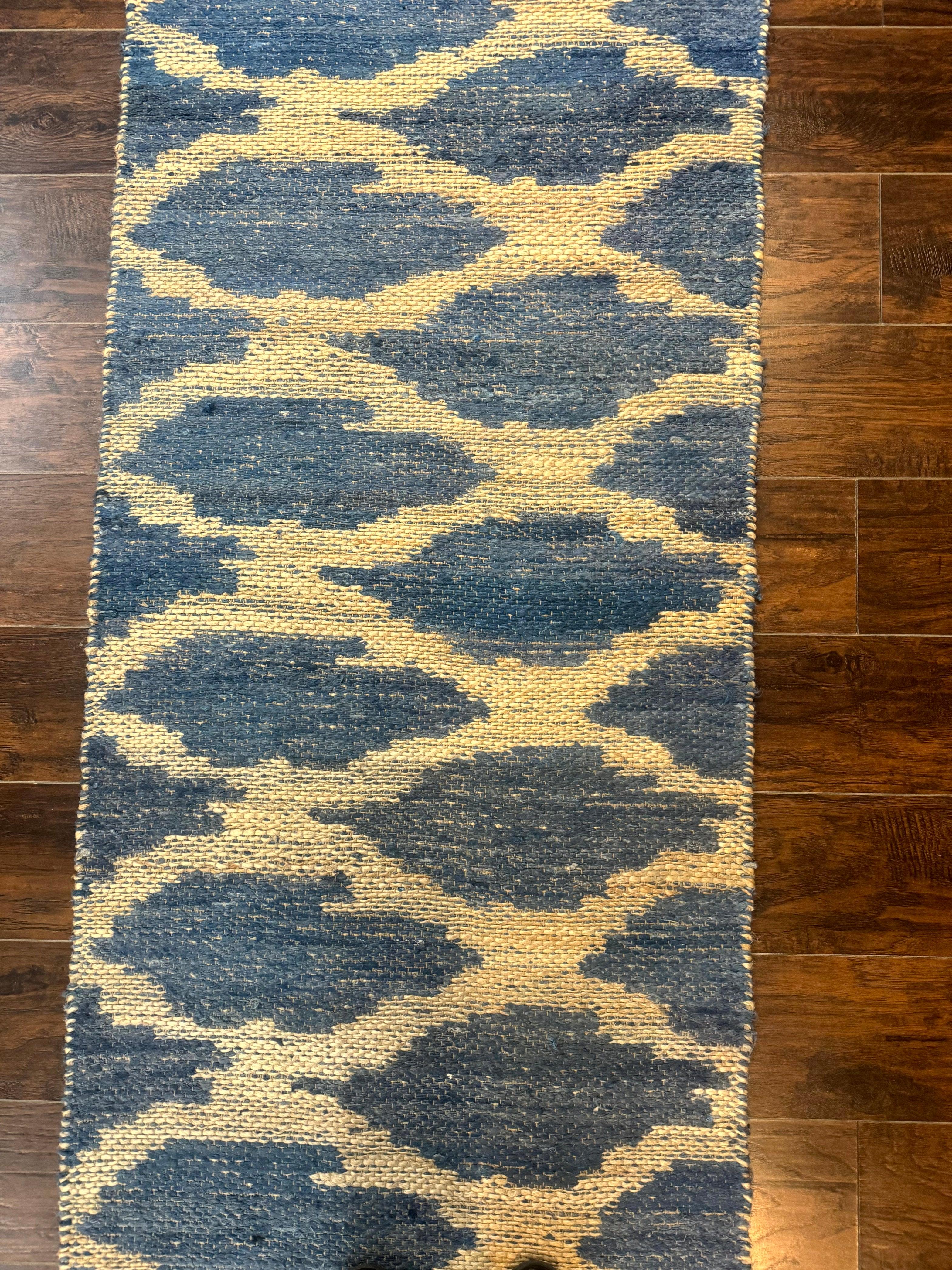 Modern Jute Runner Rug 2.9 x 7.9, Beige and Blue, Handwoven, Kaleen Rug - Jewel Rugs