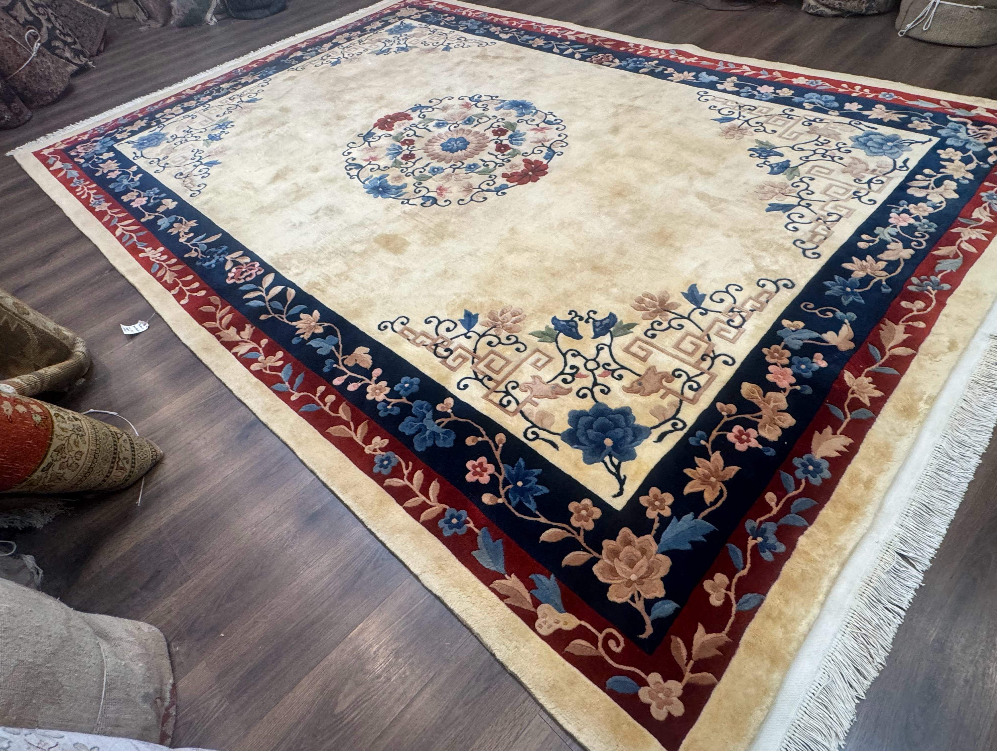 Chinese Rug 10x14 – Cream and Navy, 90 Line Vintage Wool Carpet - Jewel Rugs