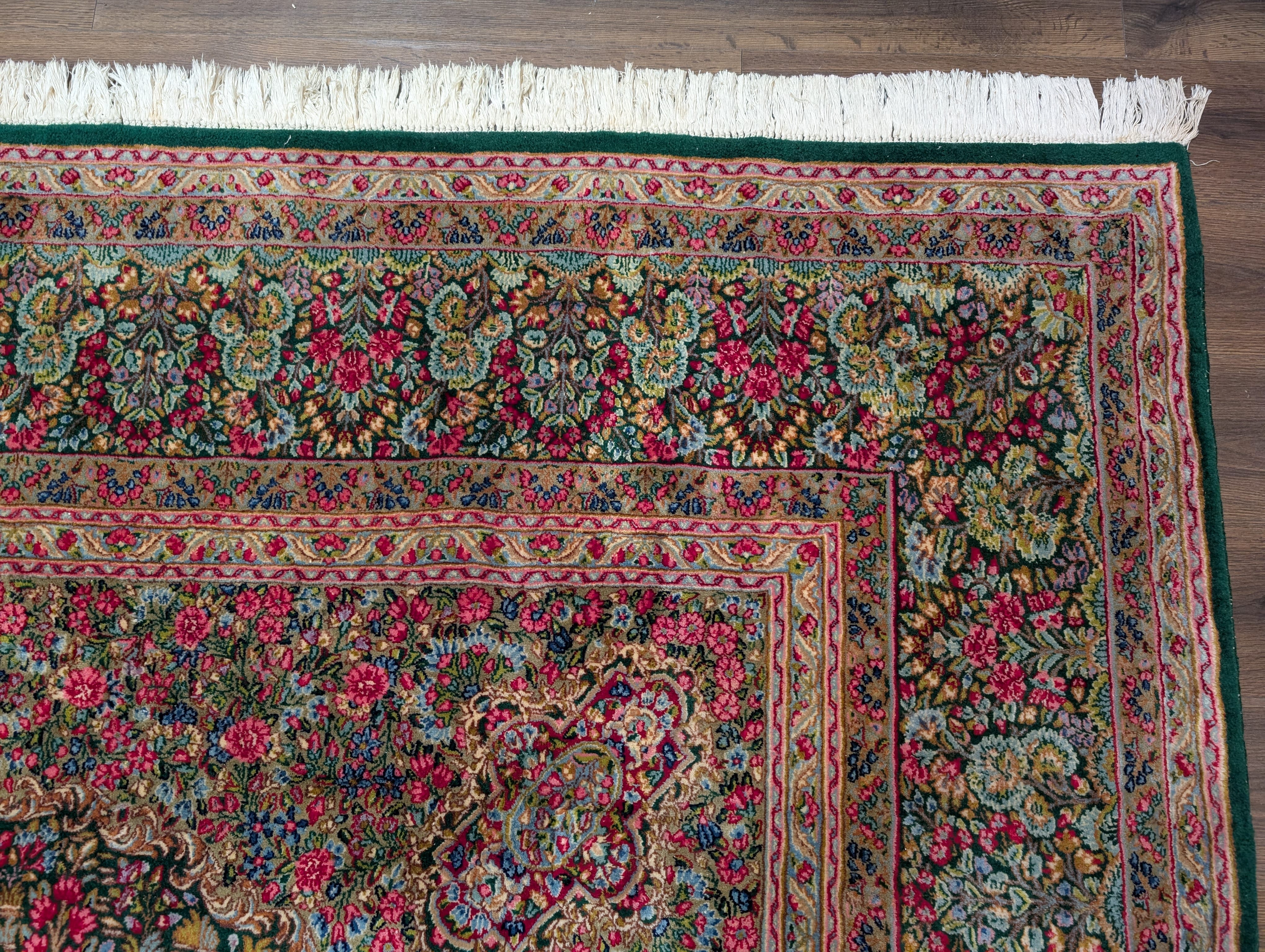Persian Kerman Rug 10x13, Millefleur Floral Allover Pattern, Hand-Knotted Wool Carpet, Dark Green, Multicolor - Jewel Rugs