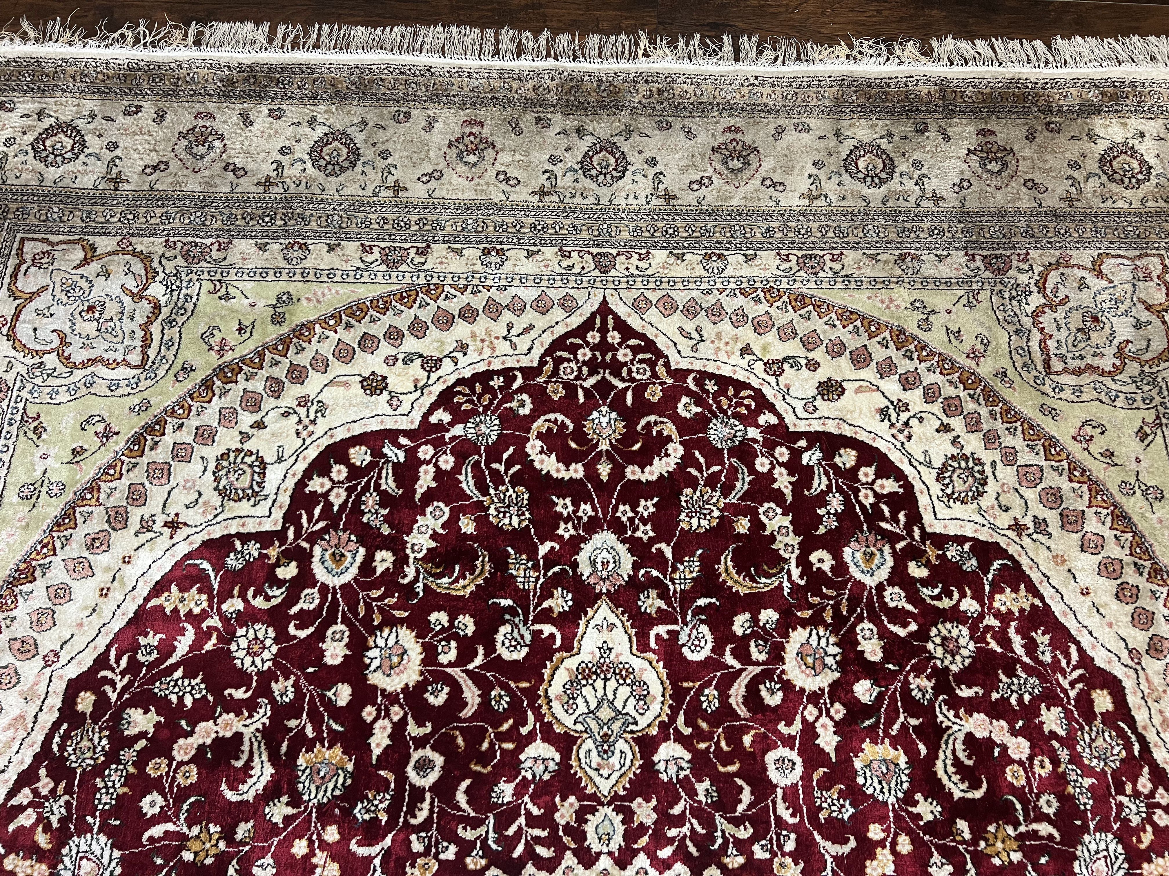 Silk Indian Kashmiri Rug 9x12, Room Sized Silk Carpet, Floral Medallion, Very Fine, Masterpiece Rug, Silk Oriental Rug, Dark Red & Cream Rug - Jewel Rugs