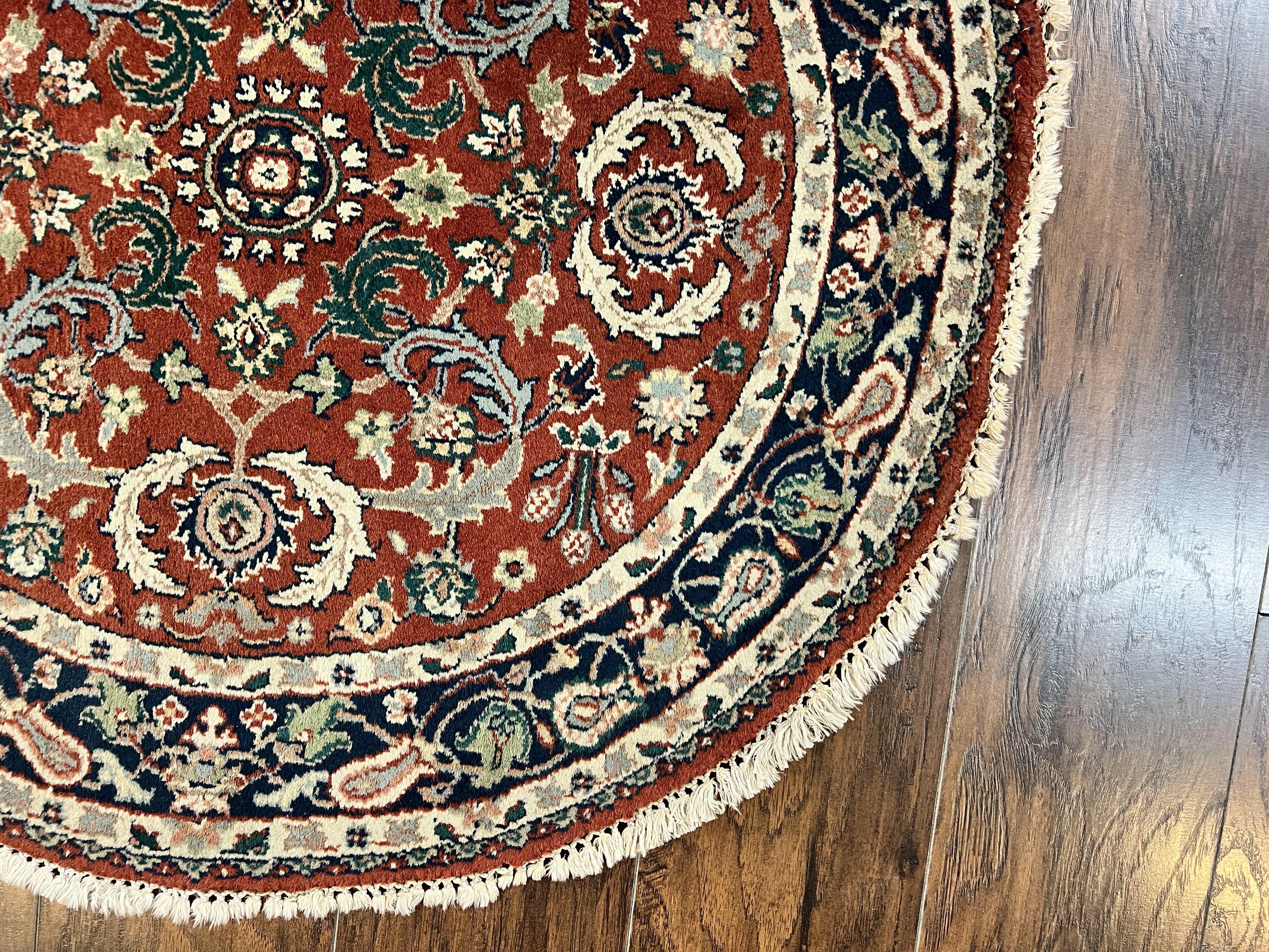 Round Rug 3x3, Indo Persian Oriental Carpet 3ft Round, Small Round Rug, Red Floral Allover Wool Hand Knotted Vintage Traditional Rug - Jewel Rugs