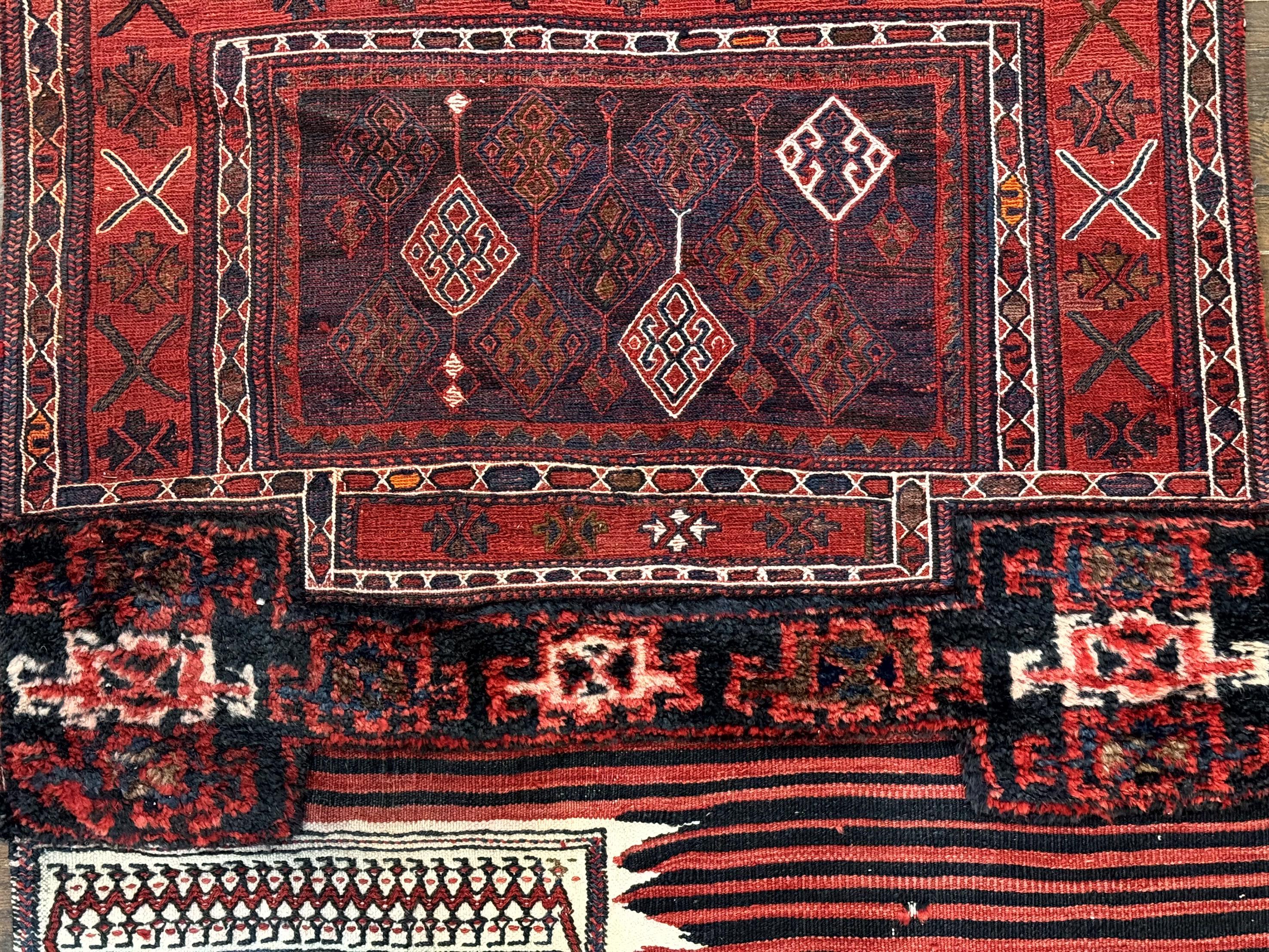 Persian Tribal Nomadic Saddle Cover Rug, Antique, Handmade, Wool, Red Ivory Black, Collectible, Shashavan - Jewel Rugs
