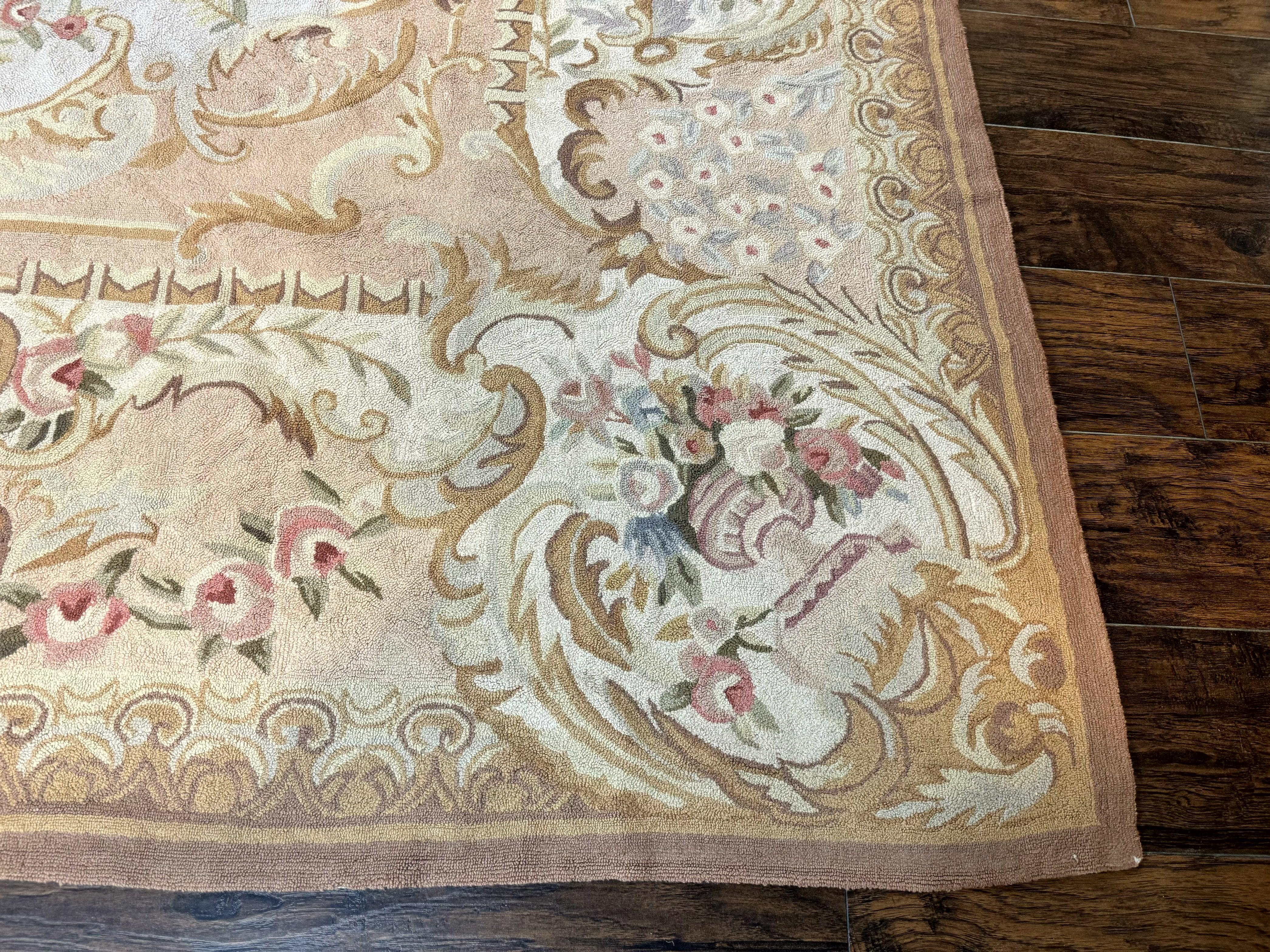 Hooked Aubusson Rug 8x11, Light Blue Ivory Beige Pink, Elegant European Design, Vintage - Jewel Rugs
