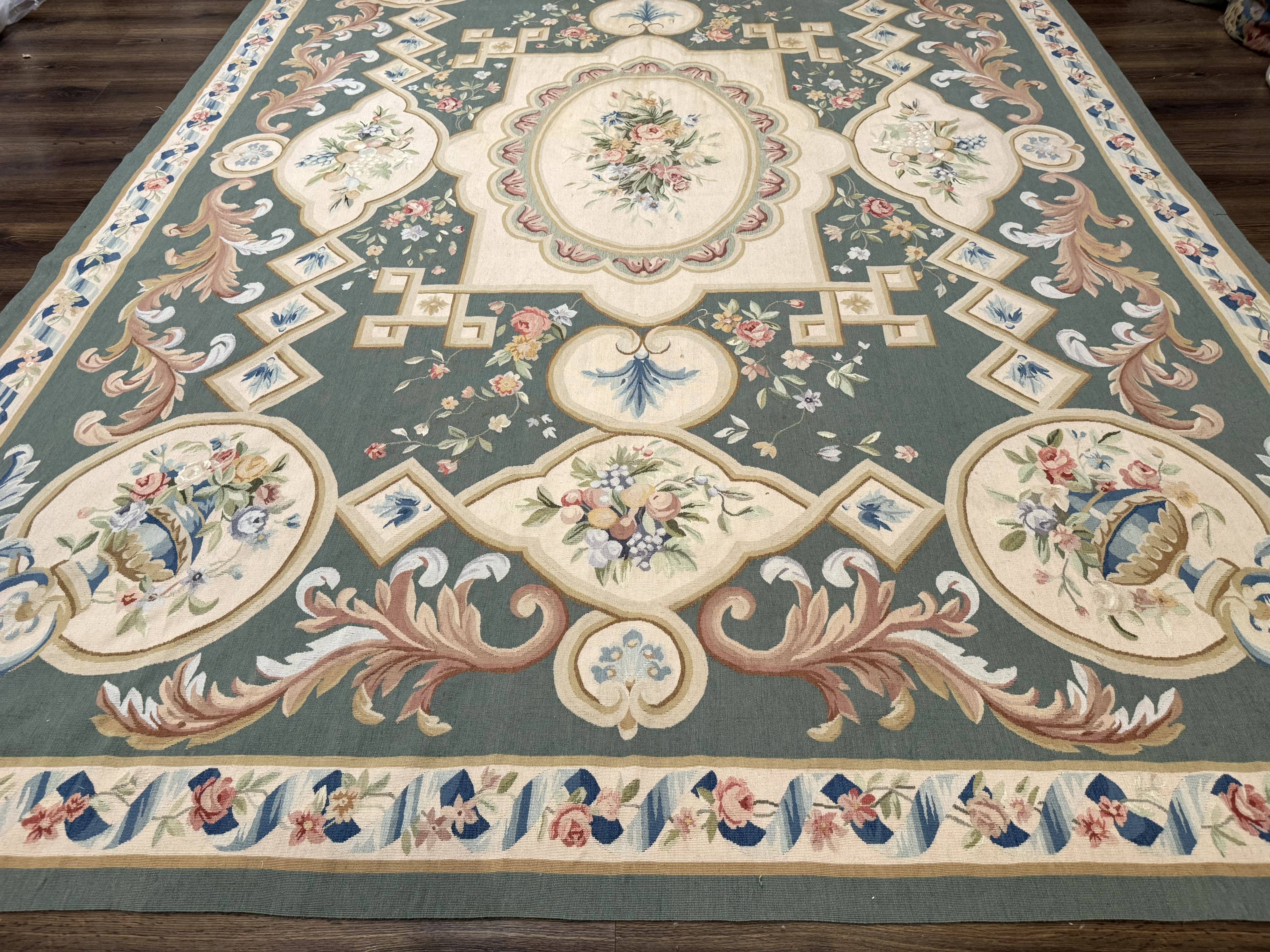 Aubusson Rug 9x12, Muted Sage Green and Cream, European Design - Jewel Rugs