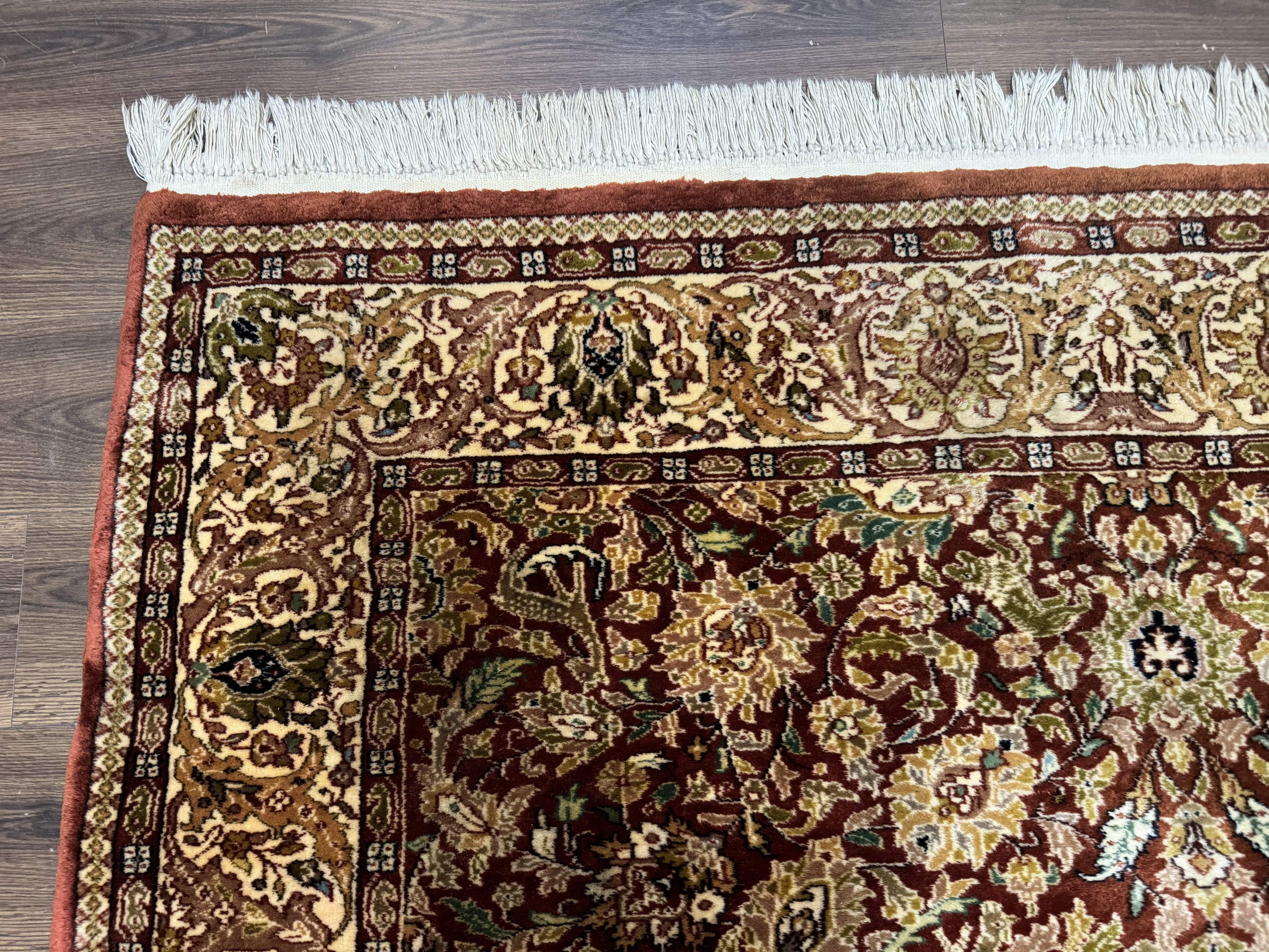 Tree of Life Indian Kashmiri Rug 6x9, Rust Red and Cream, Animal Pictorials, Fine 290 KPSI - Jewel Rugs