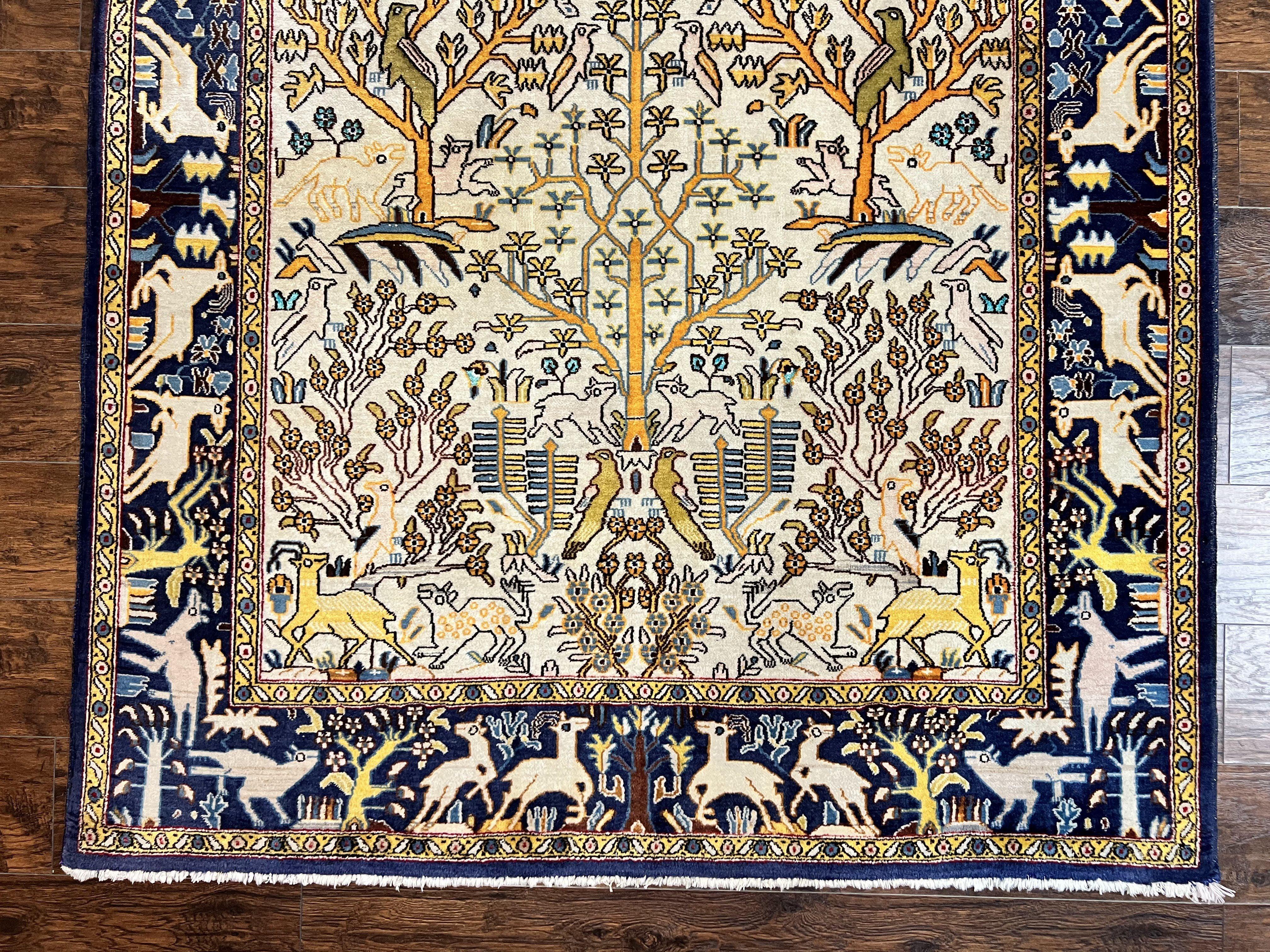 Persian Tree of Life Rug 5x9, Qum Rug, Animal Motifs Deer Birds, Cream and Navy Blue, Semi Antique Vintage Handmade Carpet, Wool & Silk Highlights - Jewel Rugs