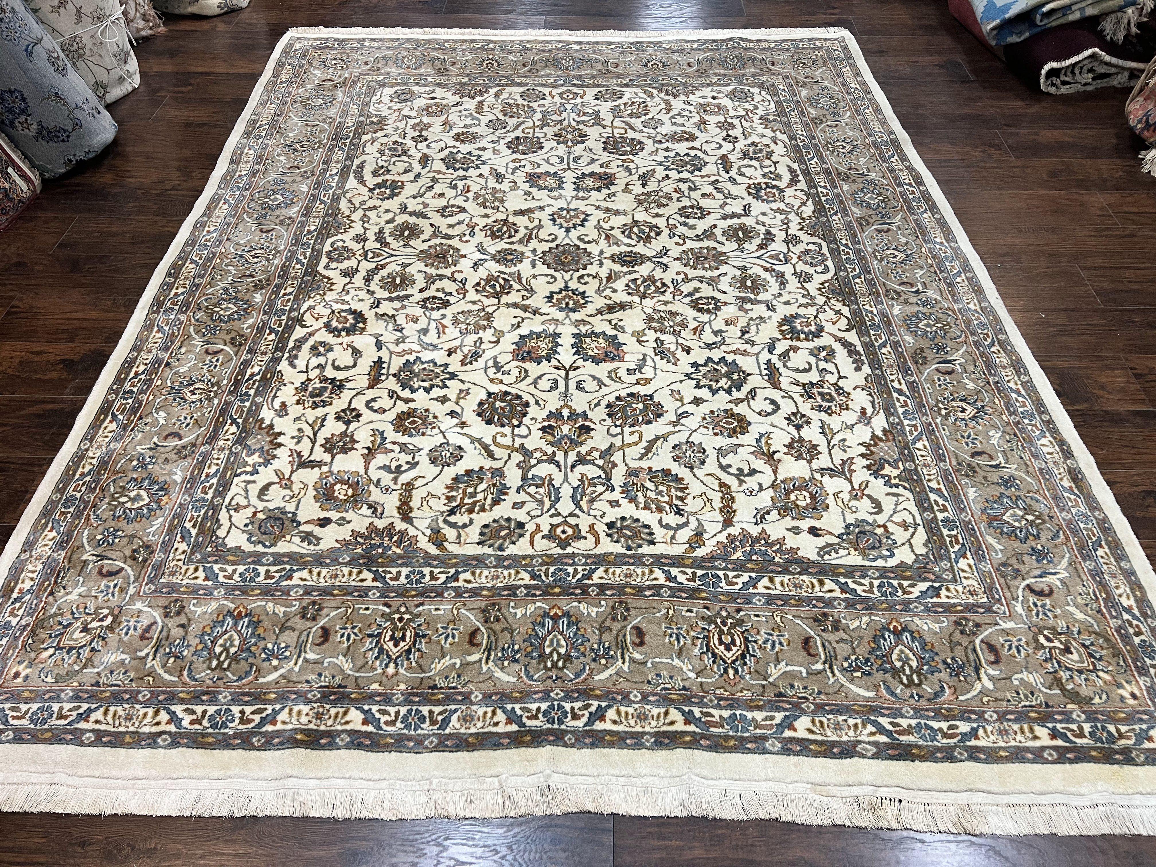 Indo Persian Rug 8x10, Floral Allover, Ivory and Gray, Handmade Vintage Wool Carpet - Jewel Rugs