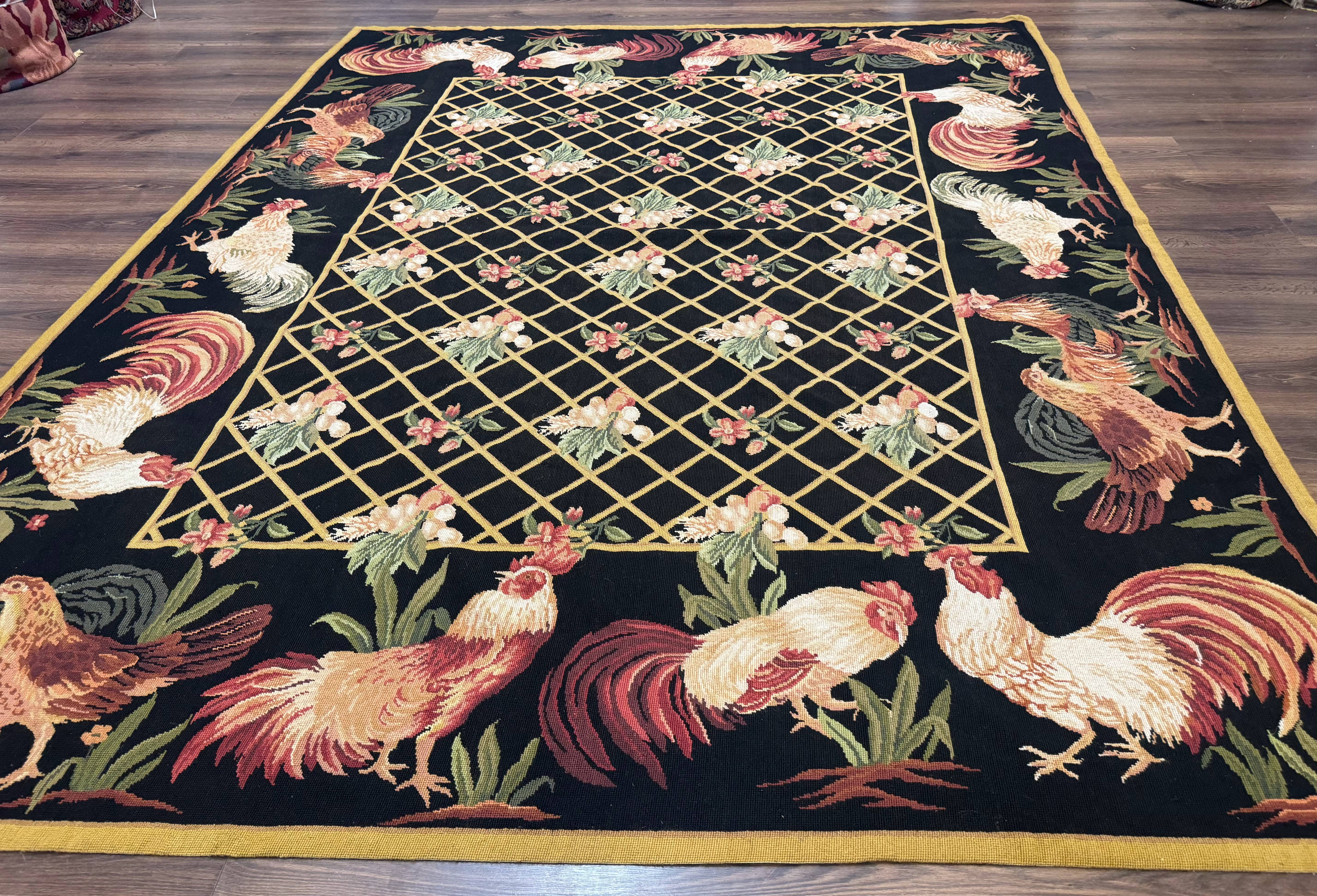 Black Needlepoint Rug 8x10, Roosters Floral Unique Needlepoint Carpet - Jewel Rugs