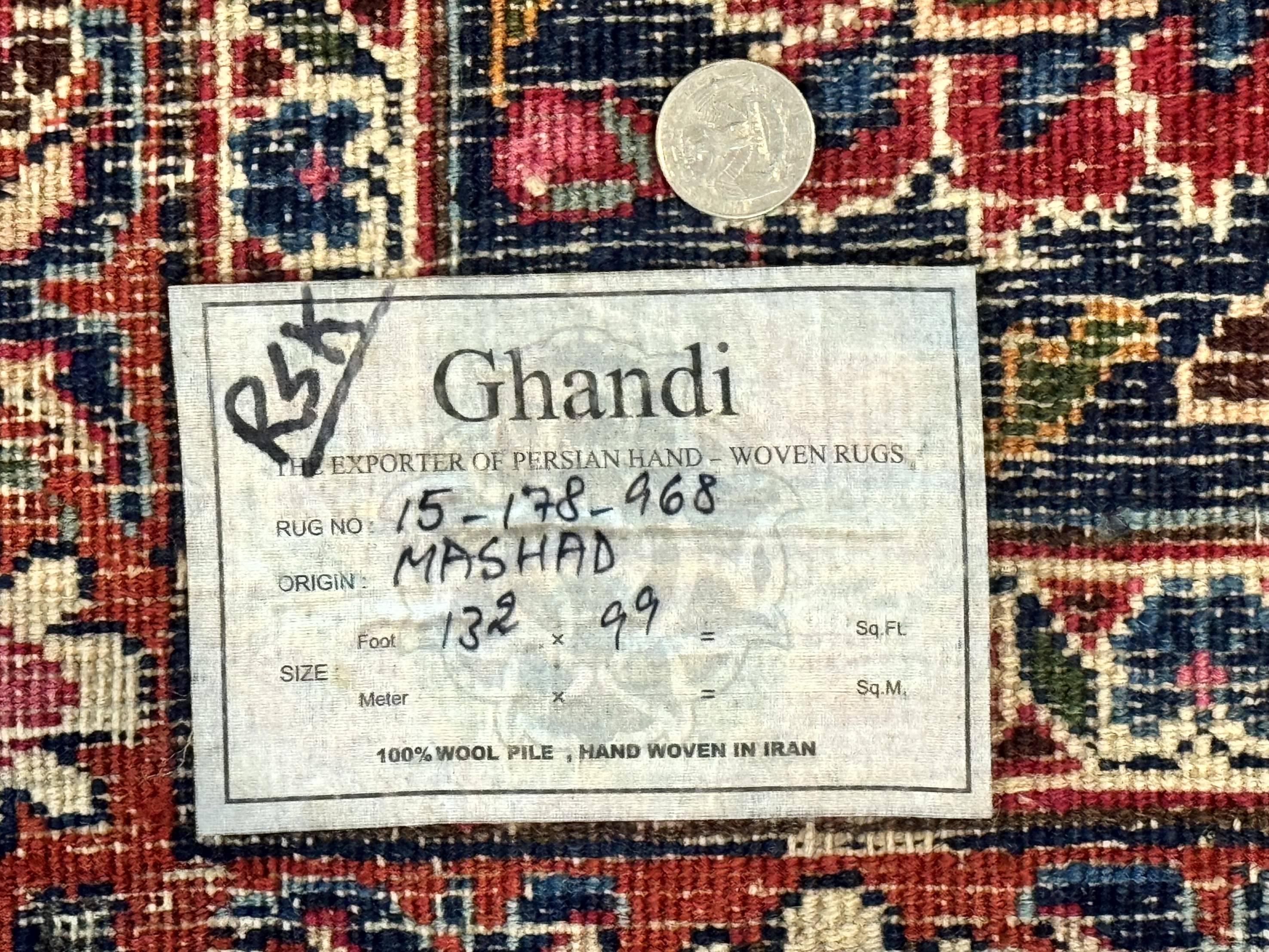 Antique Persian Mashad Rug 10x13, Red and Navy Blue, Great Colors, Signed By Masterweaver, Floral Medallion, Handmade Wool Persian Carpet - Jewel Rugs