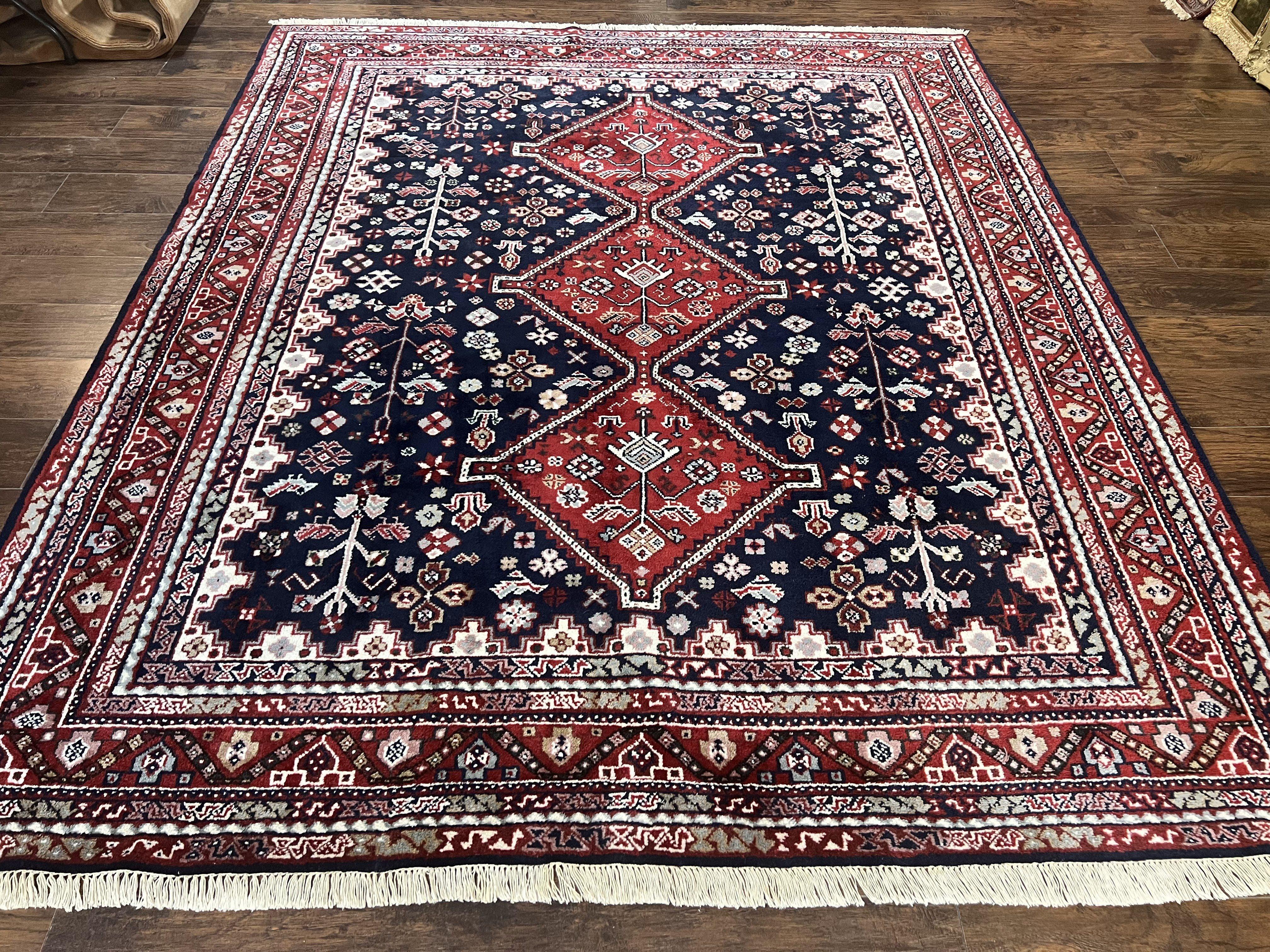 Persian Shiraz Tribal Rug 8x9, Geometric Medallions, Navy Blue and Red, Hand Knotted Handmade Semi Antique Wool Carpet - Jewel Rugs