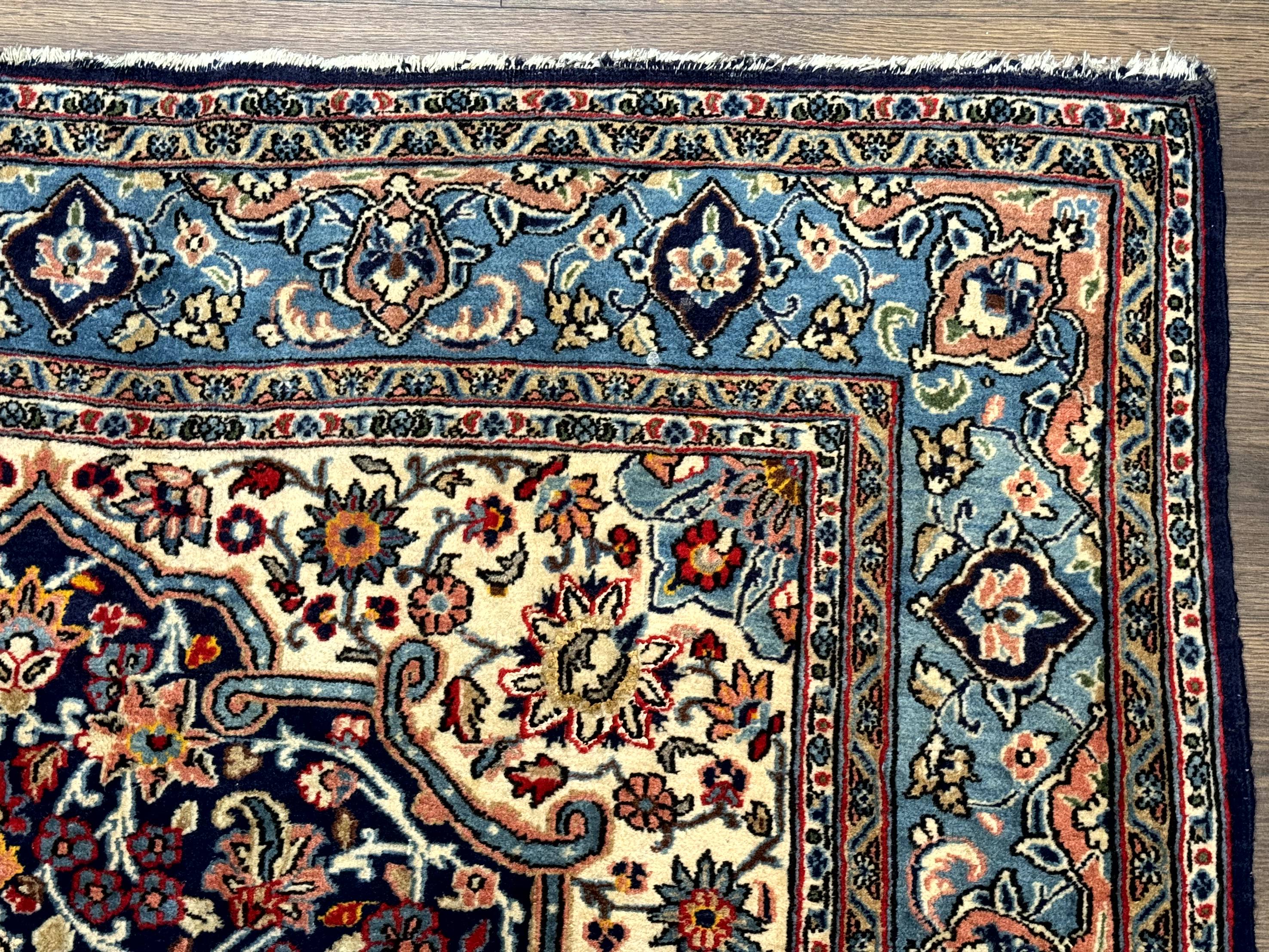 Persian Qum Rug 5x7 in Navy Light Blue and Ivory, Wool wilh Silk Highlights, 225 KPSI - Jewel Rugs