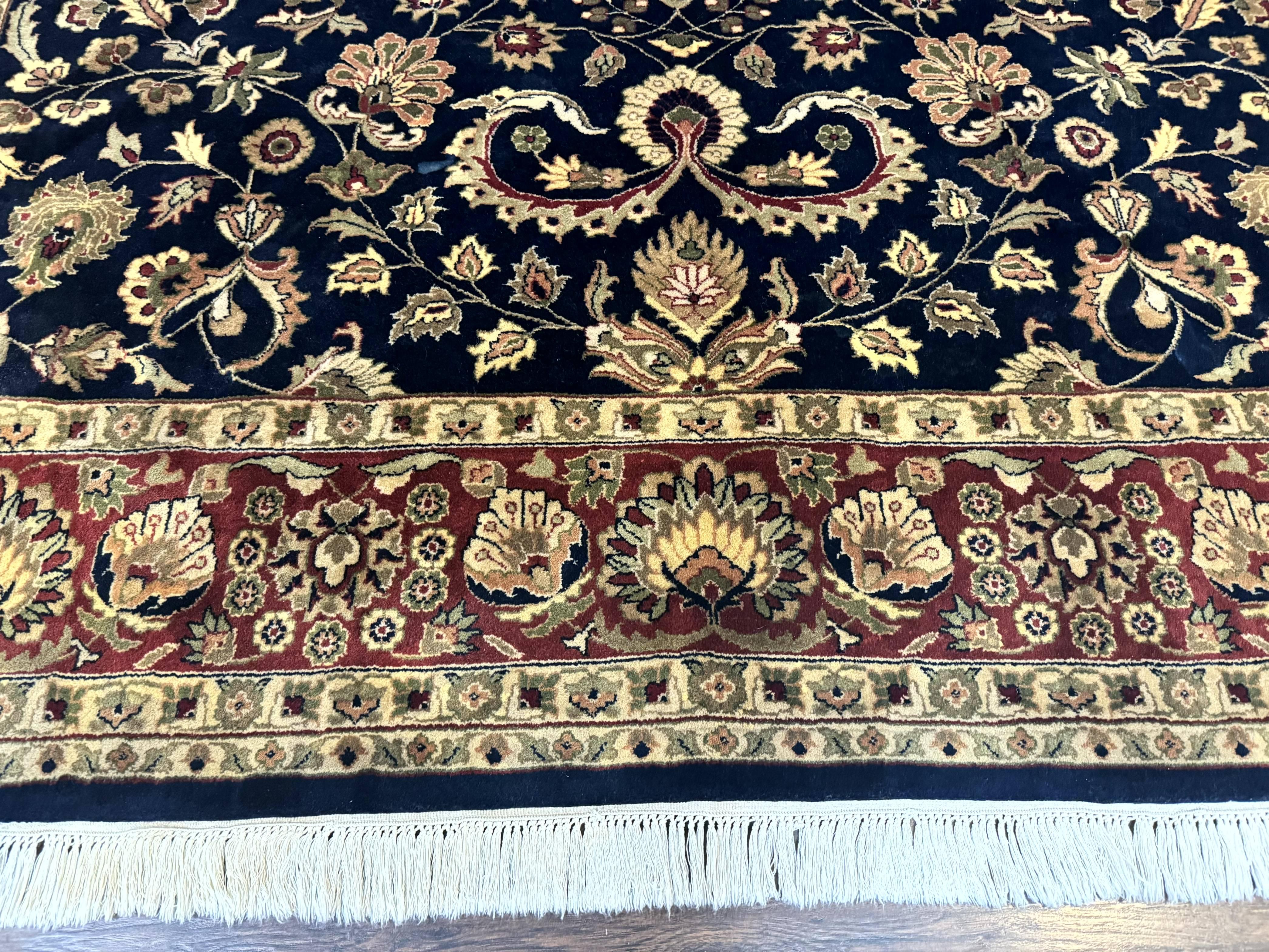 Indo Persian Rug 8x10, Navy Blue and Red, Floral Allover, Hand Knotted Vintage Wool Carpet, Indo Sarouk - Jewel Rugs