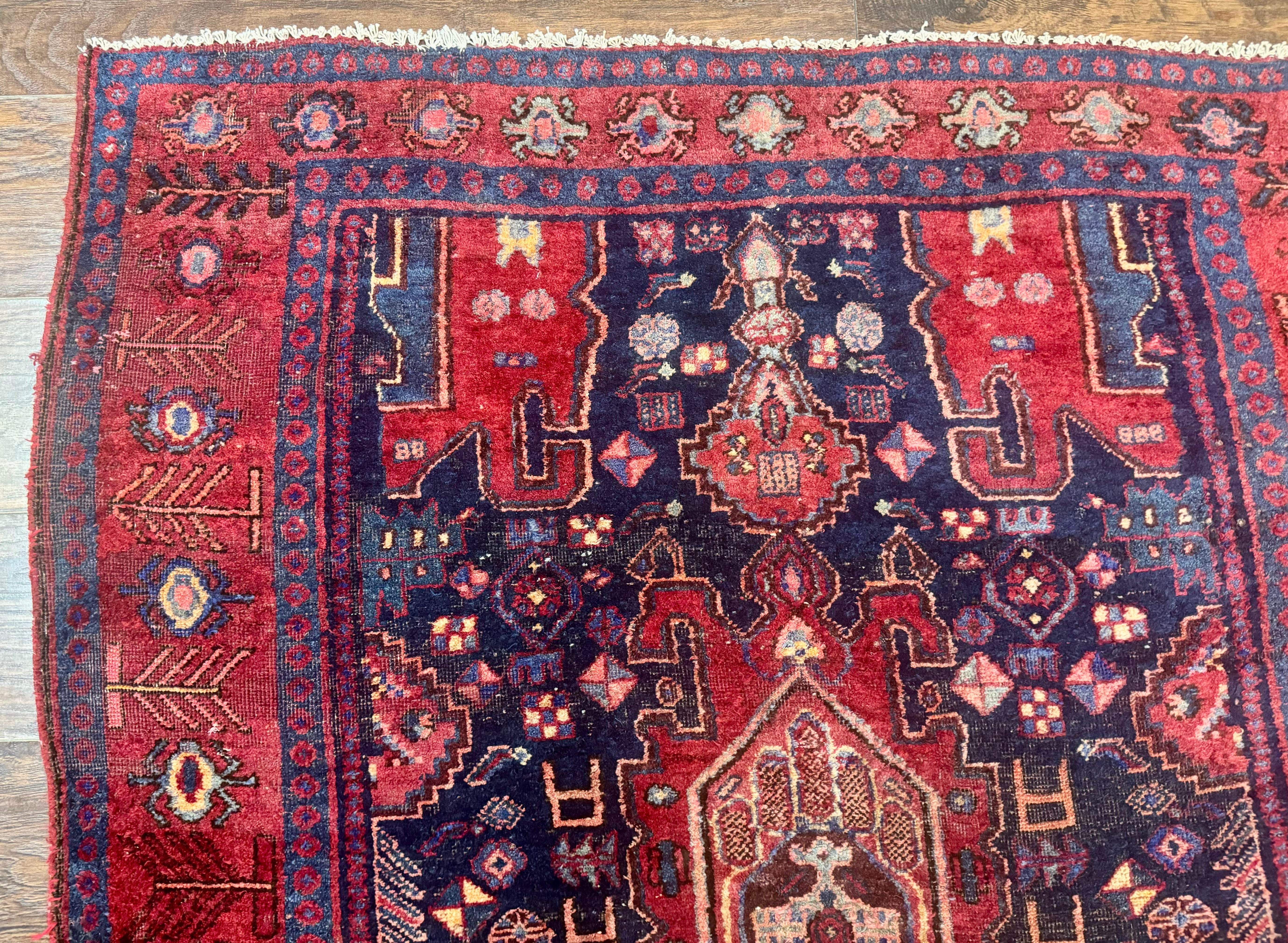 Persian Kurdish Bidjar Runner Rug 4x10 – Navy and Red, Wool Antique Tribal Carpet - Jewel Rugs