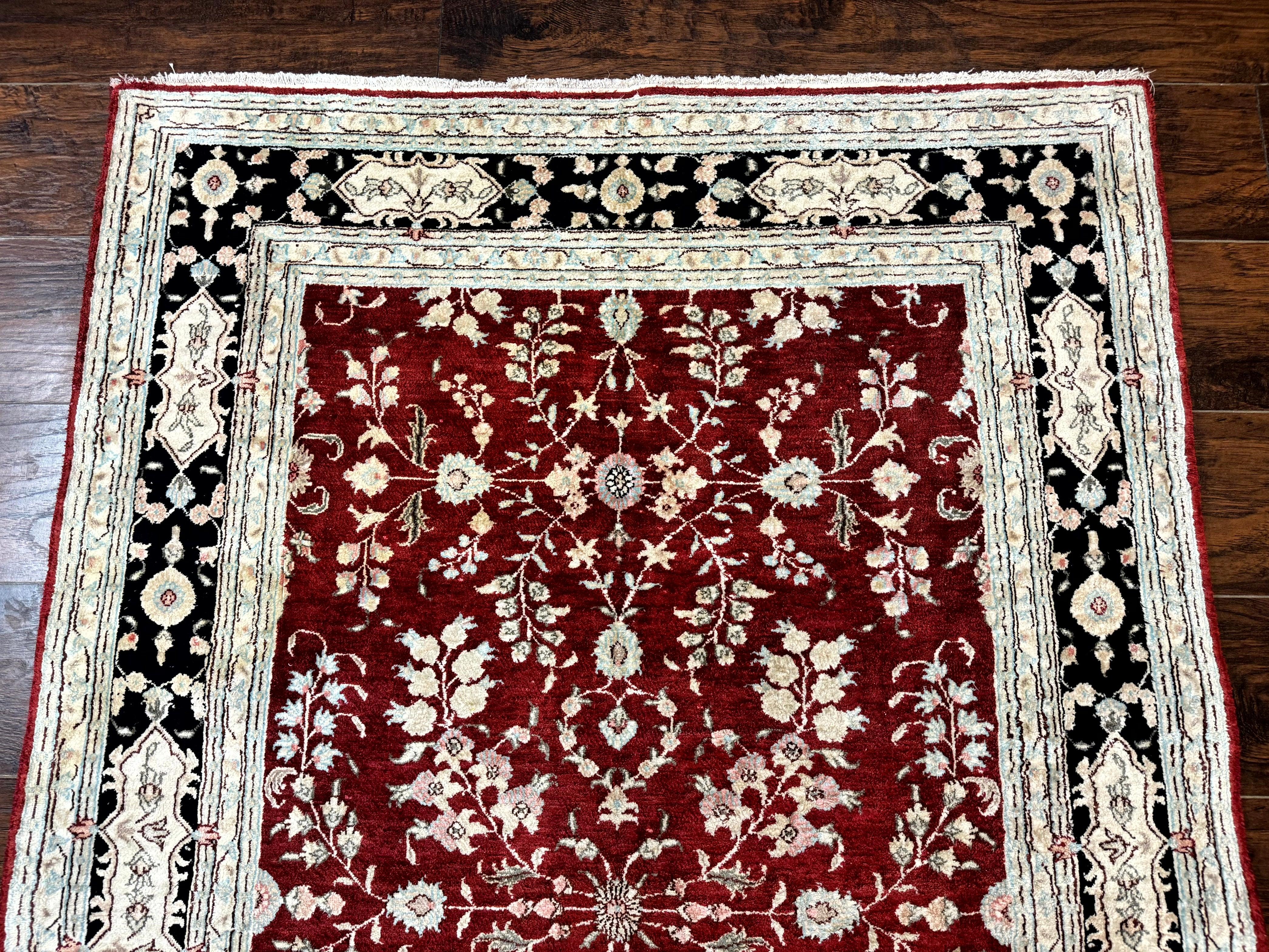 Indian Kashmiri Rug 4x5, Silk on Cotton Area Rug, Red, Handmade - Jewel Rugs