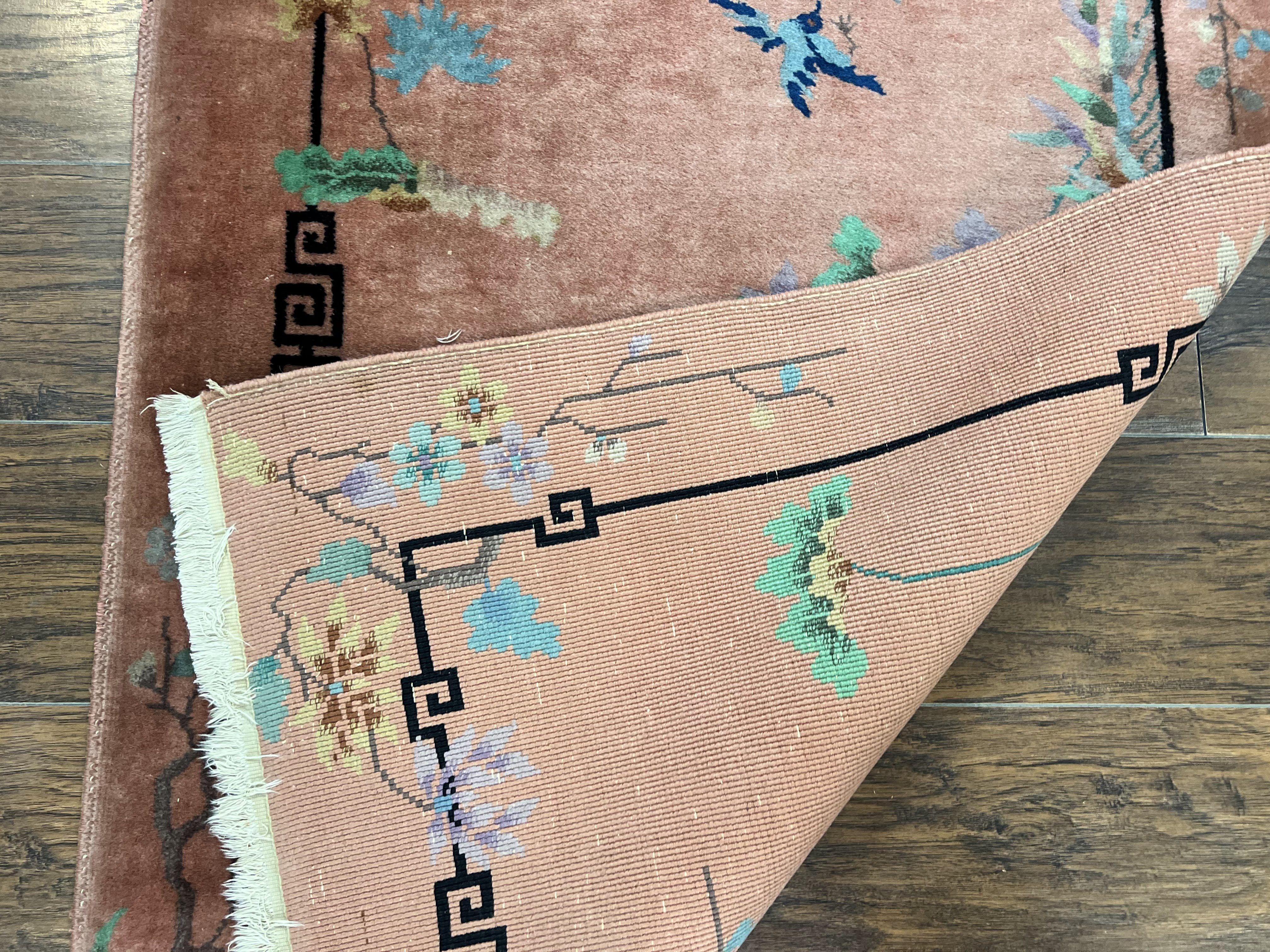 Chinese Art Deco Rug 3x5, Wool Hand Knotted Semi Antique Vintage Carpet, Salmon Red, Birds Flowers, Asian Oriental Rug 3 x 5 - Jewel Rugs