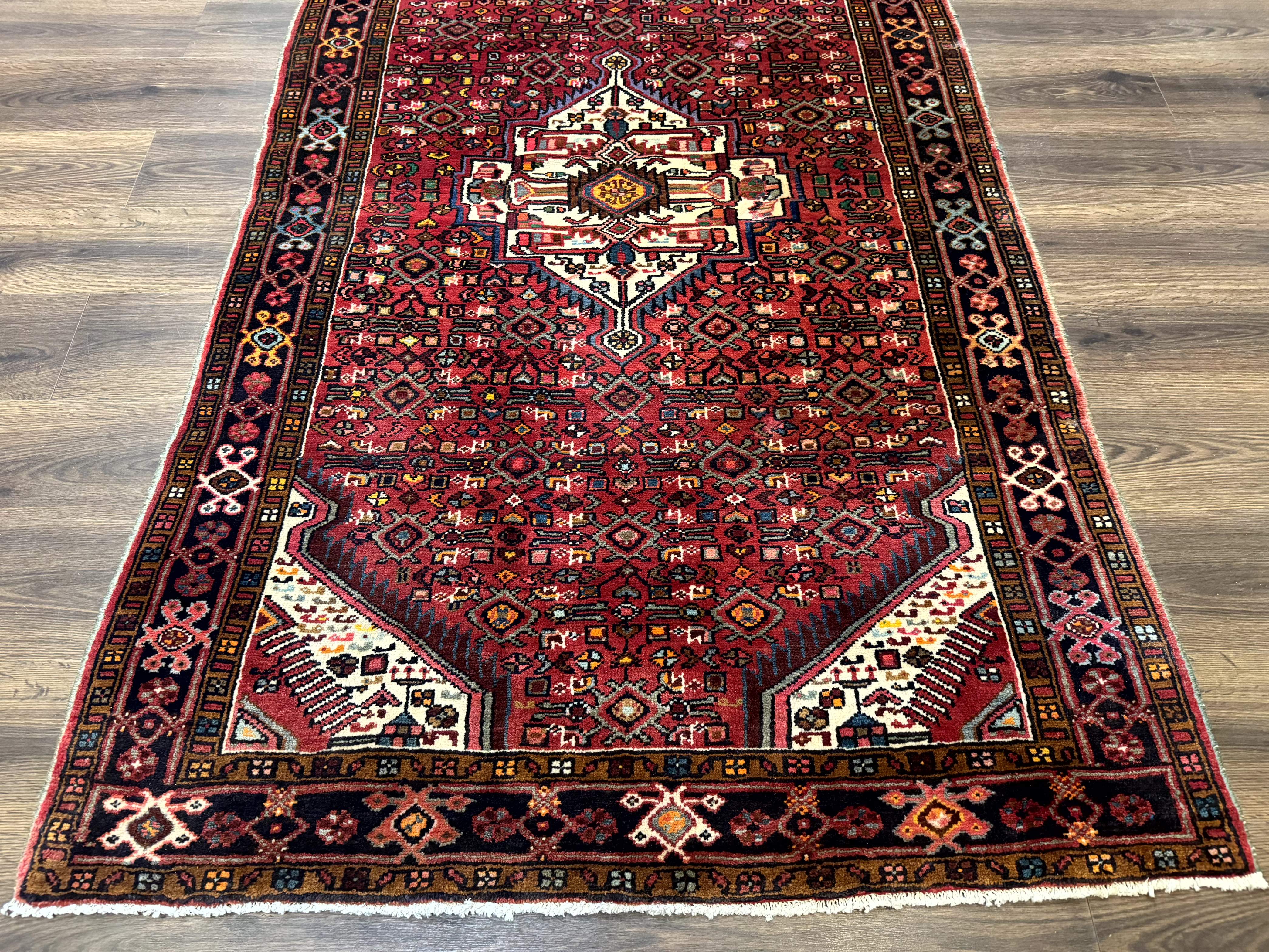 Persian Hamadan Rug 4x7, Tribal Village Malayer Carpet, Red and Ivory, Bohemian Antique - Jewel Rugs