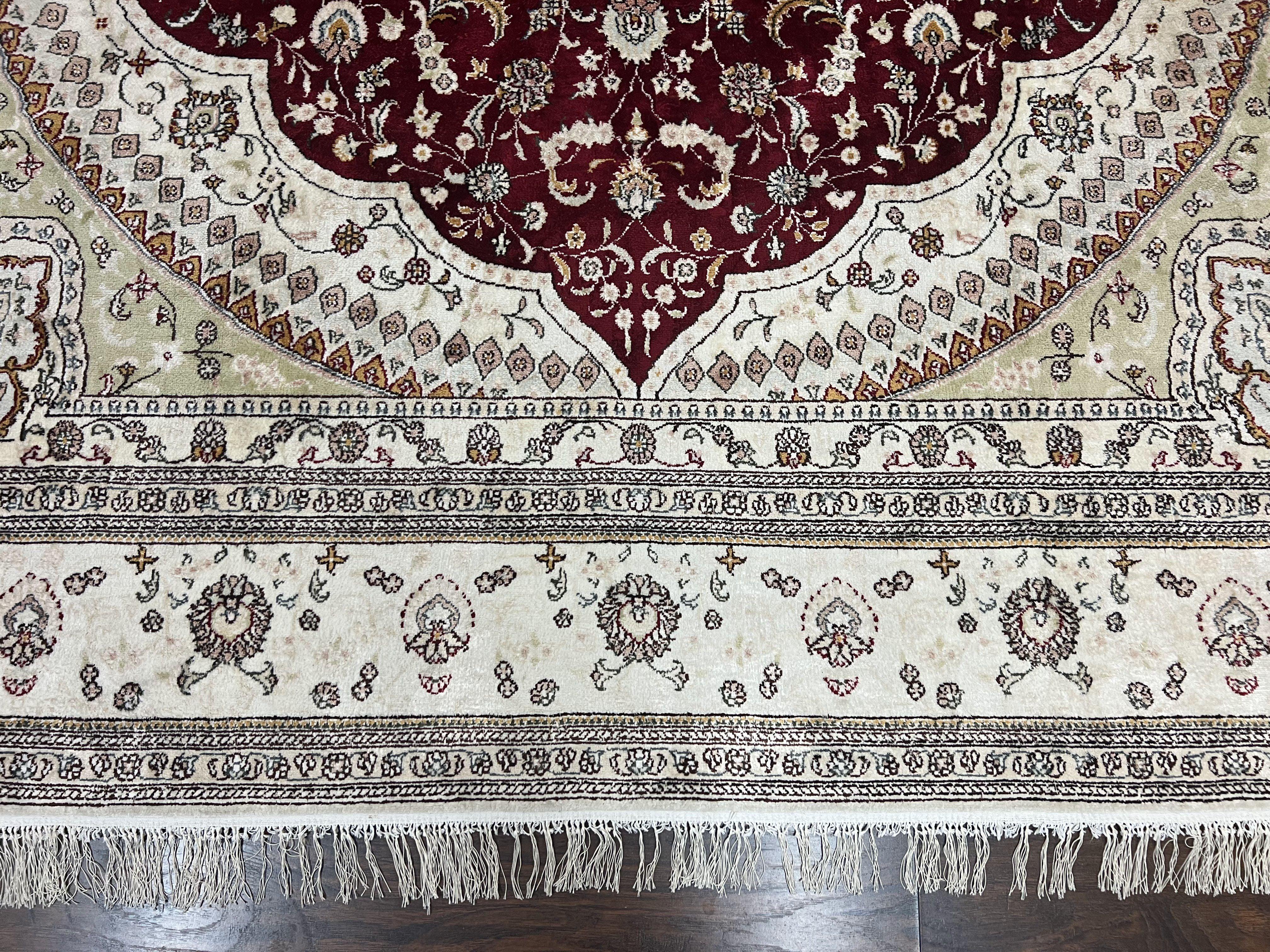 Silk Indian Kashmiri Rug 9x12, Room Sized Silk Carpet, Floral Medallion, Very Fine, Masterpiece Rug, Silk Oriental Rug, Dark Red & Cream Rug - Jewel Rugs