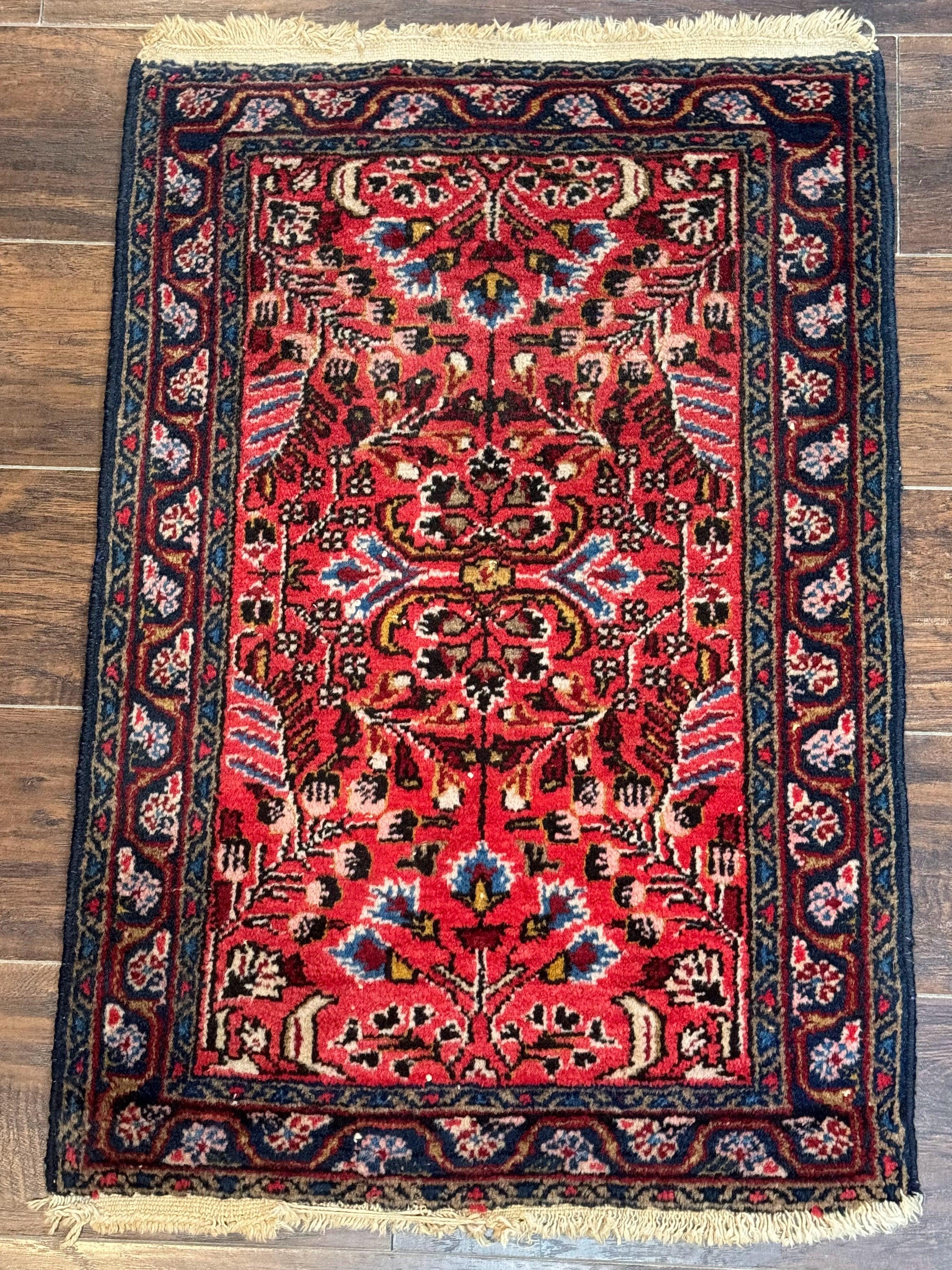 Small Antique Persian Tribal Rug 2x3, Red, Floral, Handmade, Hamadan Rug - Jewel Rugs