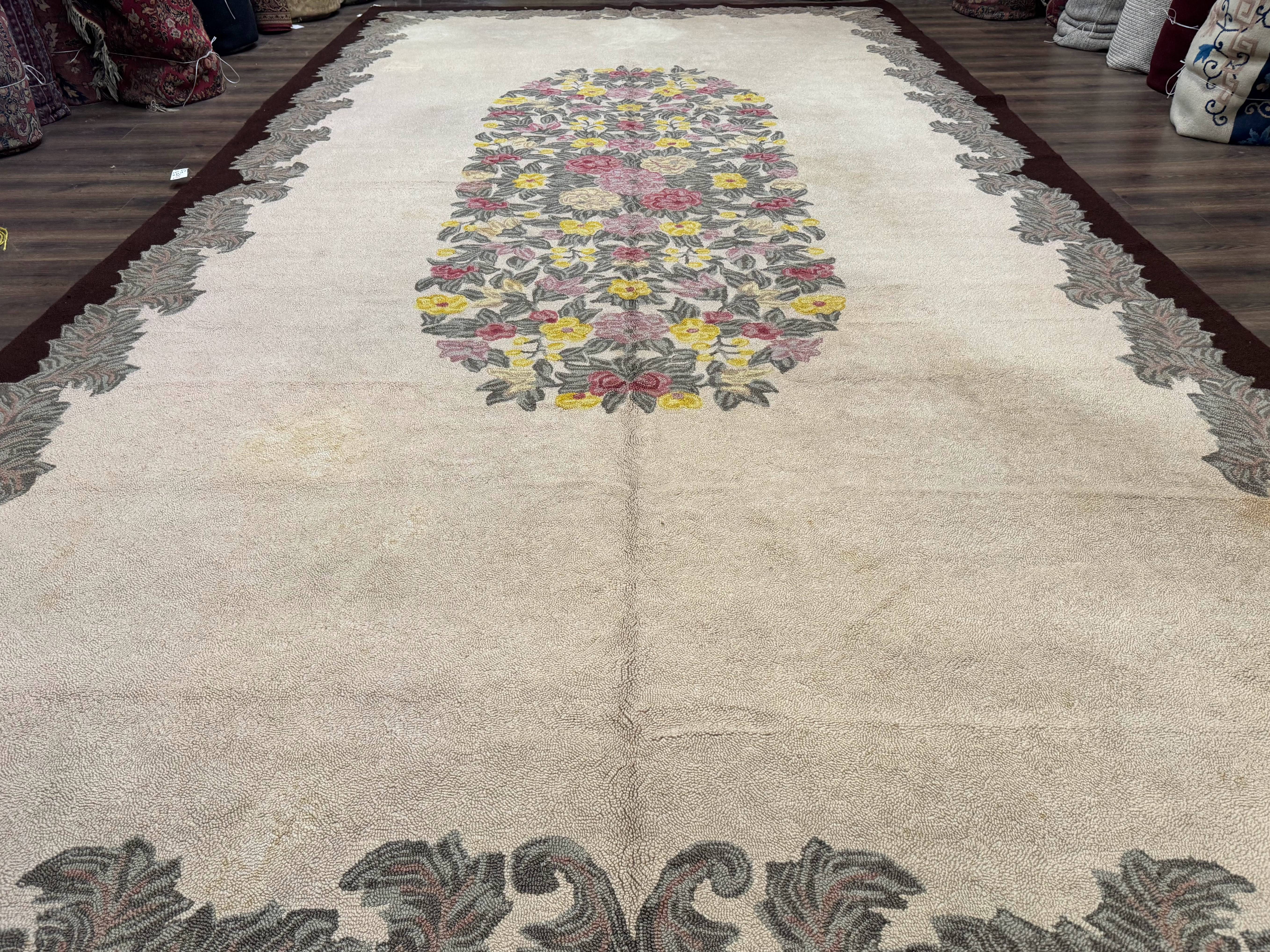 Palace Size American Hooked Rug 11x20 Aubusson Style Ivory - Jewel Rugs