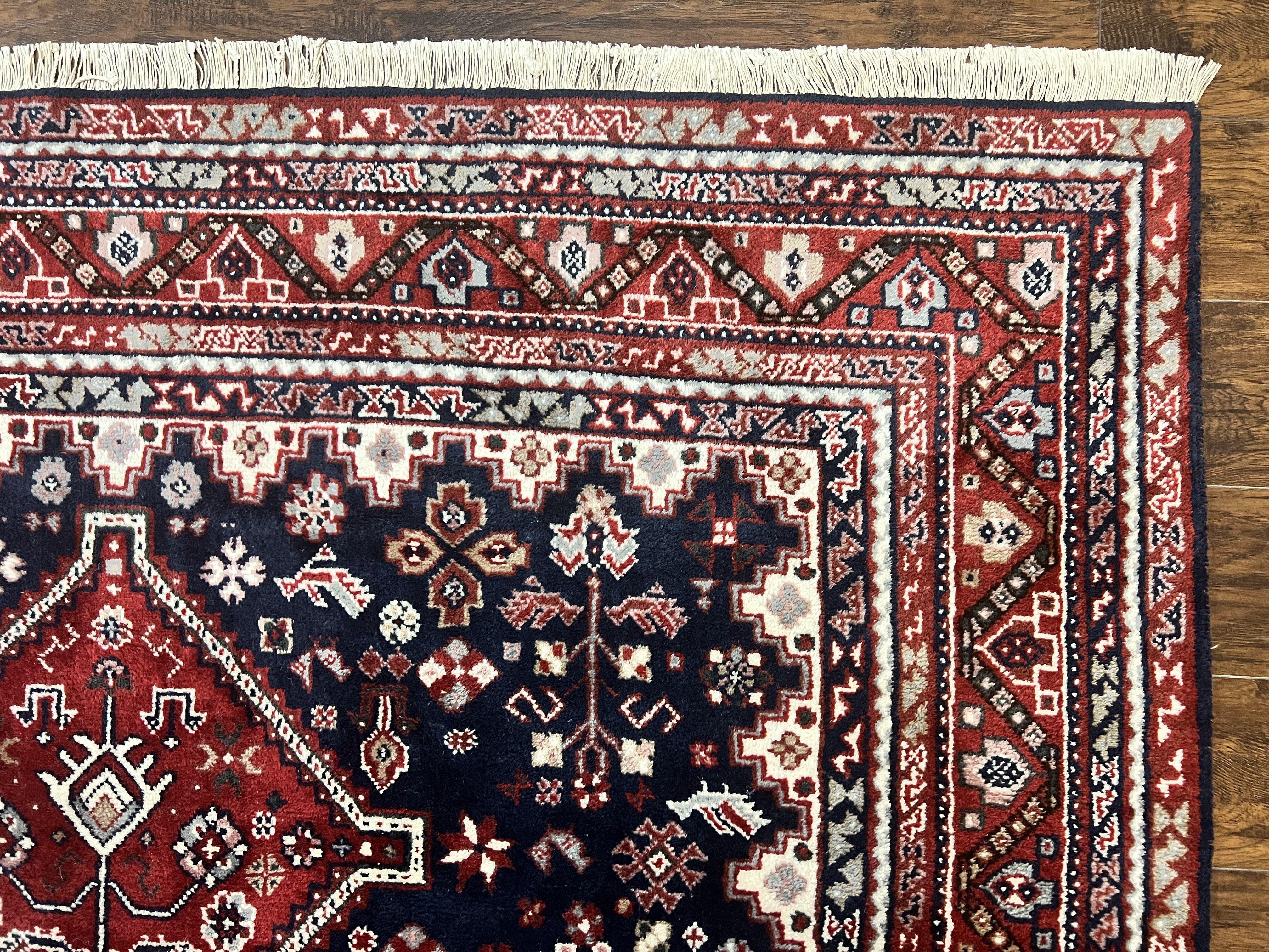 Persian Shiraz Tribal Rug 8x9, Geometric Medallions, Navy Blue and Red, Hand Knotted Handmade Semi Antique Wool Carpet - Jewel Rugs