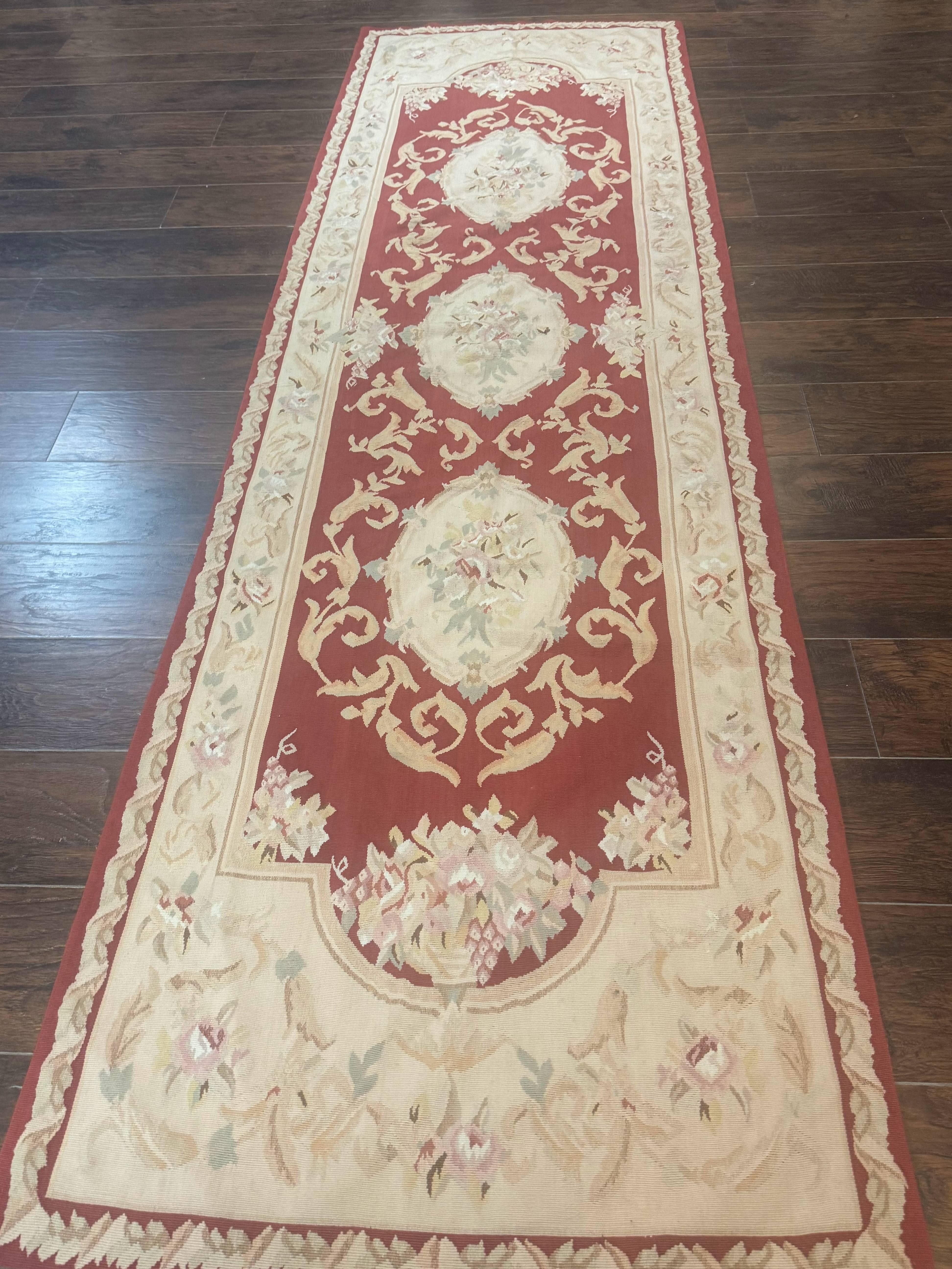 Aubusson Runner Rug 3x10, European Design, Red and Beige, Elegant, Handmade Wool Rug - Jewel Rugs