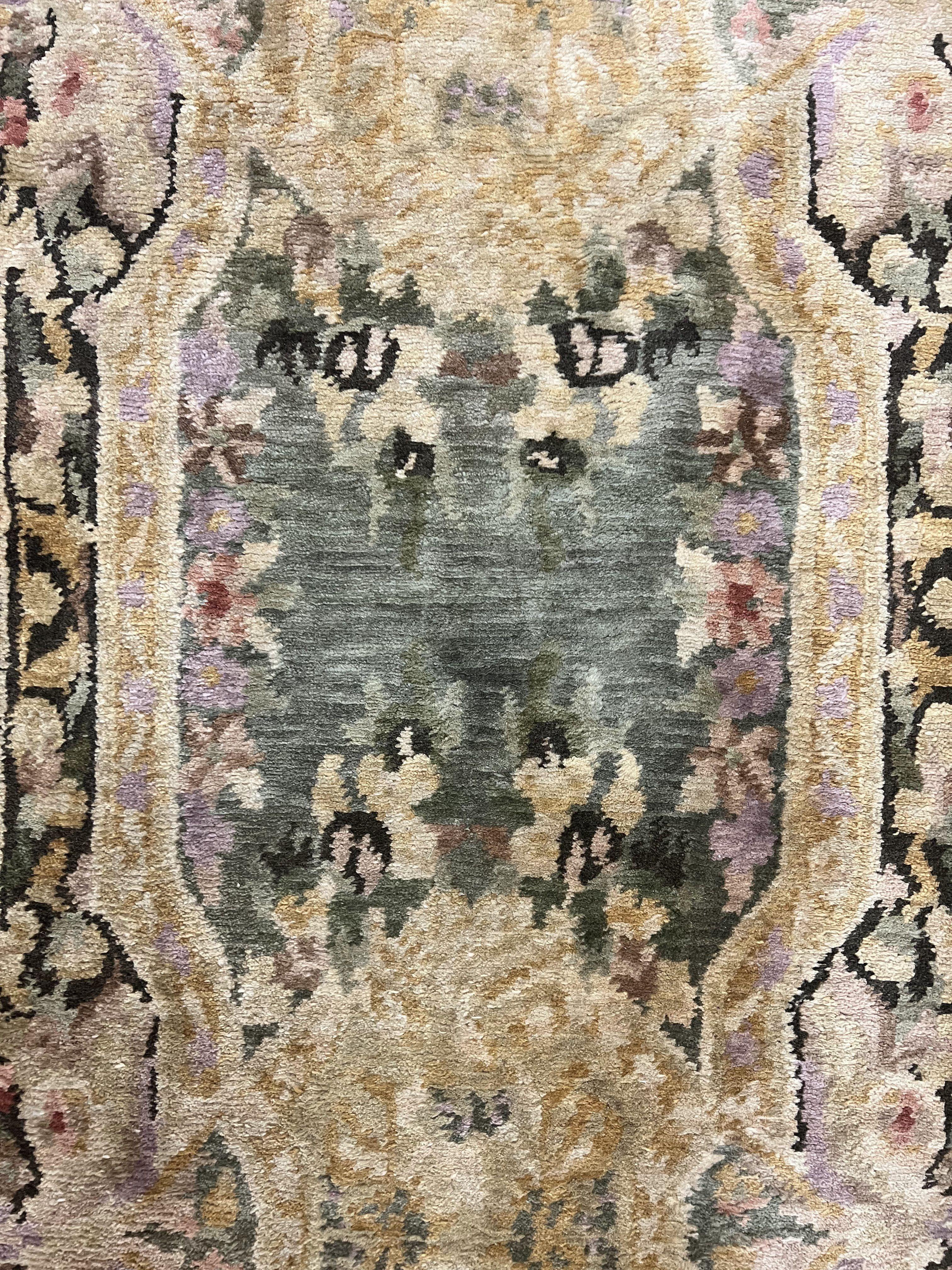 Tibetan Runner Rug 2.6 x 10, French Aubusson Pattern, Gold Olive Green, Vintage Handmade European Design, Wool Hallway Rug - Jewel Rugs