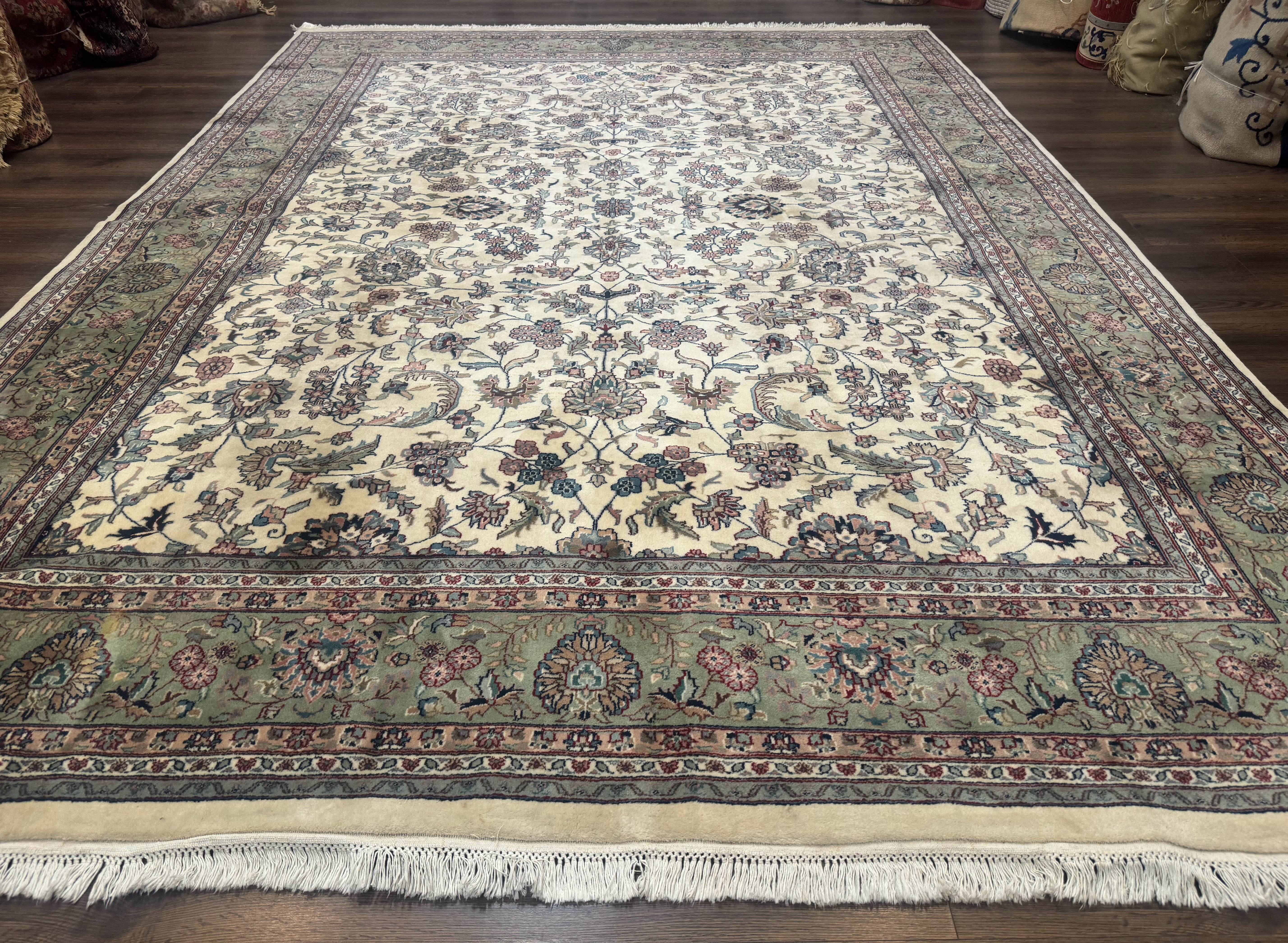 Indo Persian Rug 9x12, Allover Floral Pattern, Ivory & Green, Traditional Oriental Carpet - Jewel Rugs