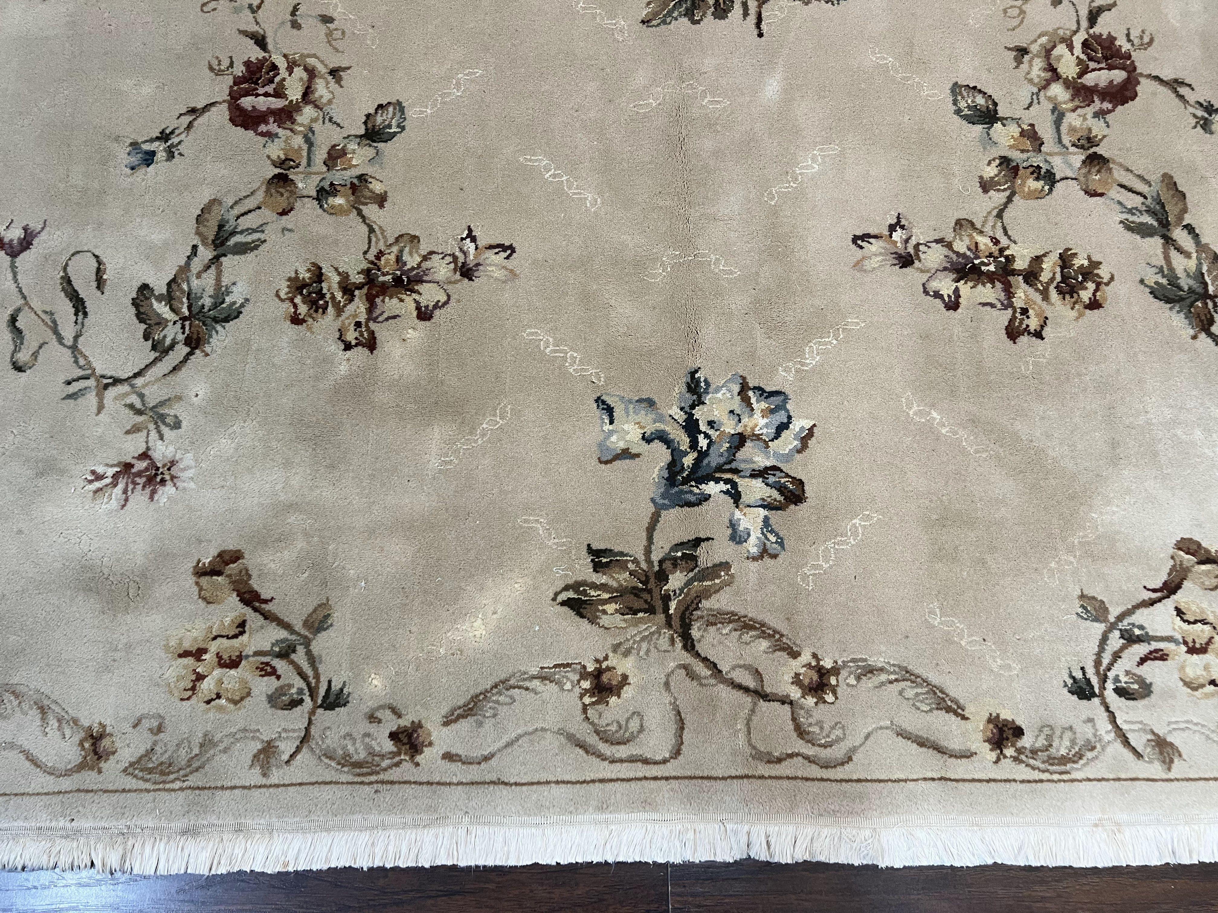 Chinese 120 Line Rug 8x10, Chinese Aubusson Wool & Silk Highlights Handmade Vintage Carpet, Beige Fine Weave Rug, Floral European Design - Jewel Rugs