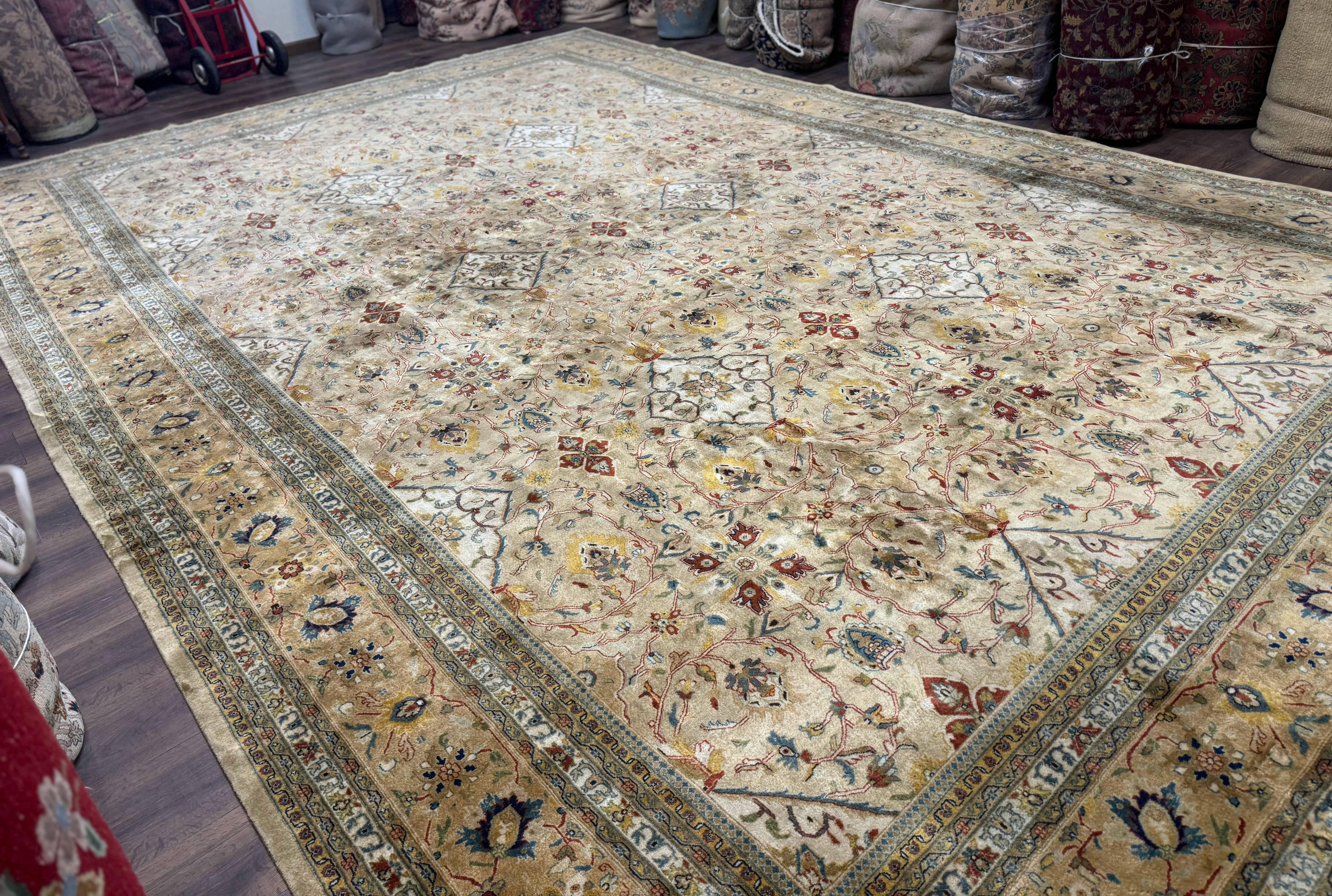 Palace Sized Indo Persian Tabriz Rug 12x18, Tan, Hand Knotted Handmade Oversized Wool Area Rug, Allover Pattern, Fine 225 KPSI - Jewel Rugs