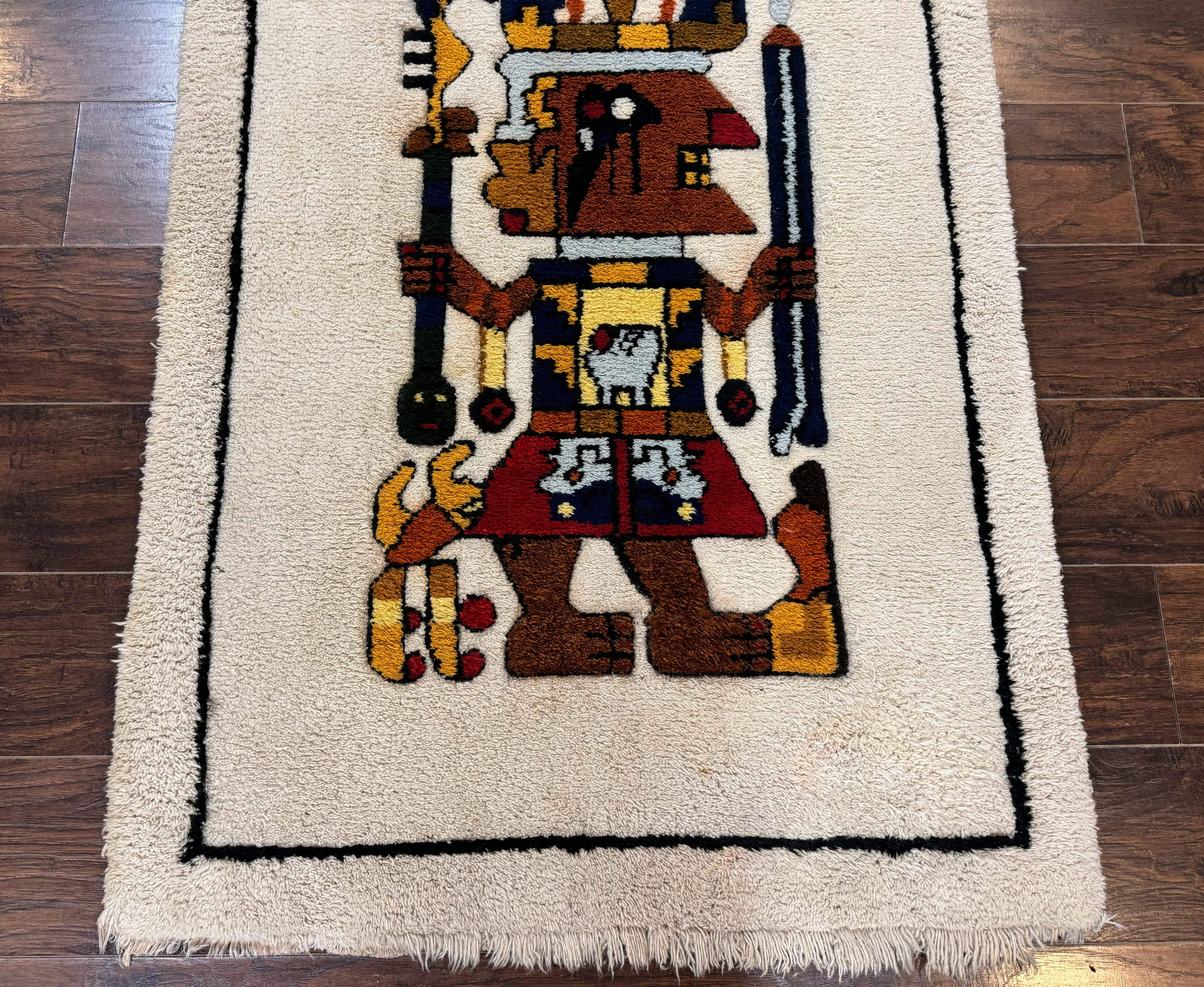 South American Shag Rug 3x5 – Ivory, Pictorial, Vintage Peruvian Native American Wool Rug - Jewel Rugs