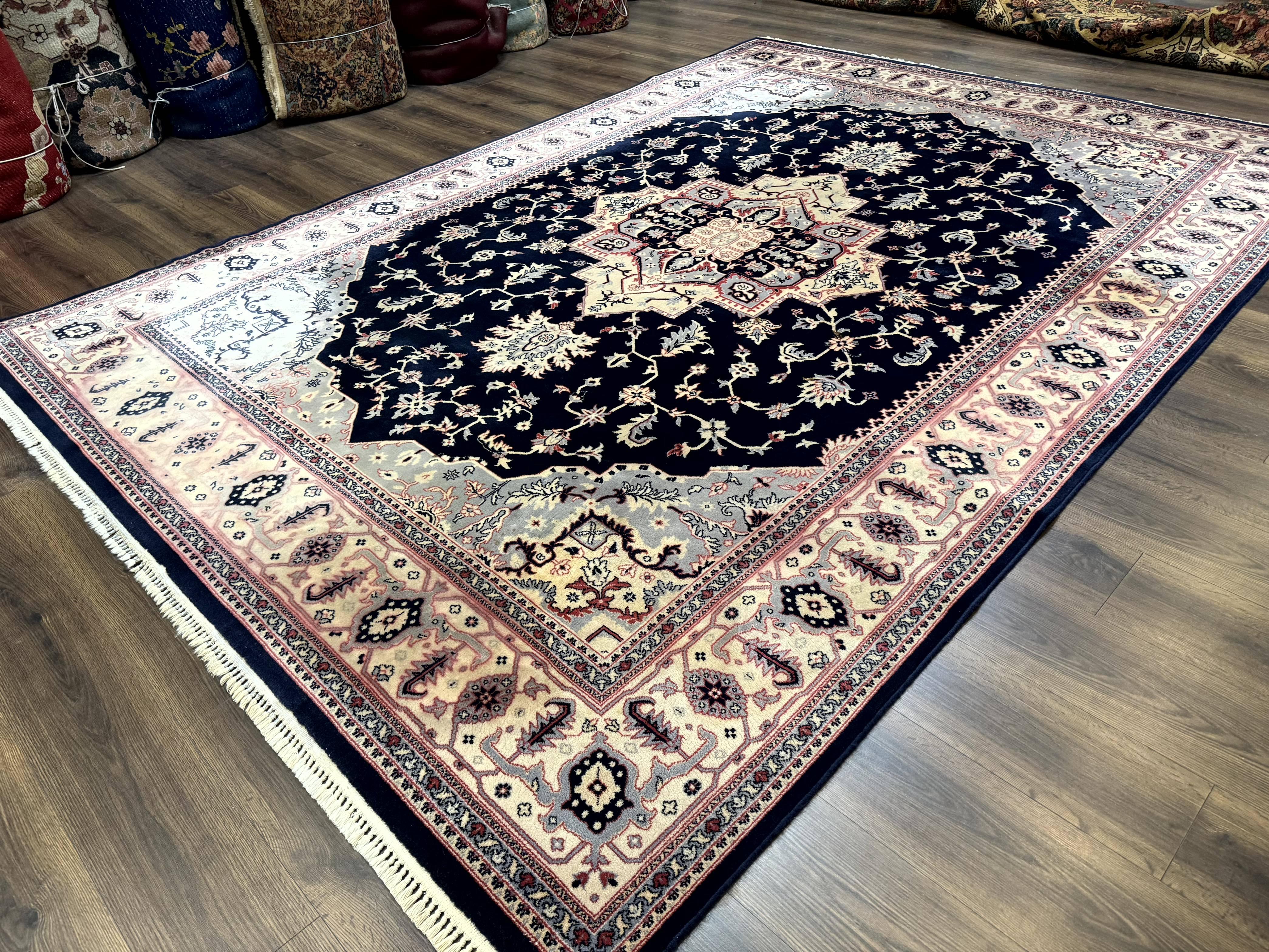 Karastan Rug 8x11 Navy Serapi, Kara Shah Rug, Navy Blue, Vintage Karastan Area Rug Wool Pile Karastan Rug - Jewel Rugs